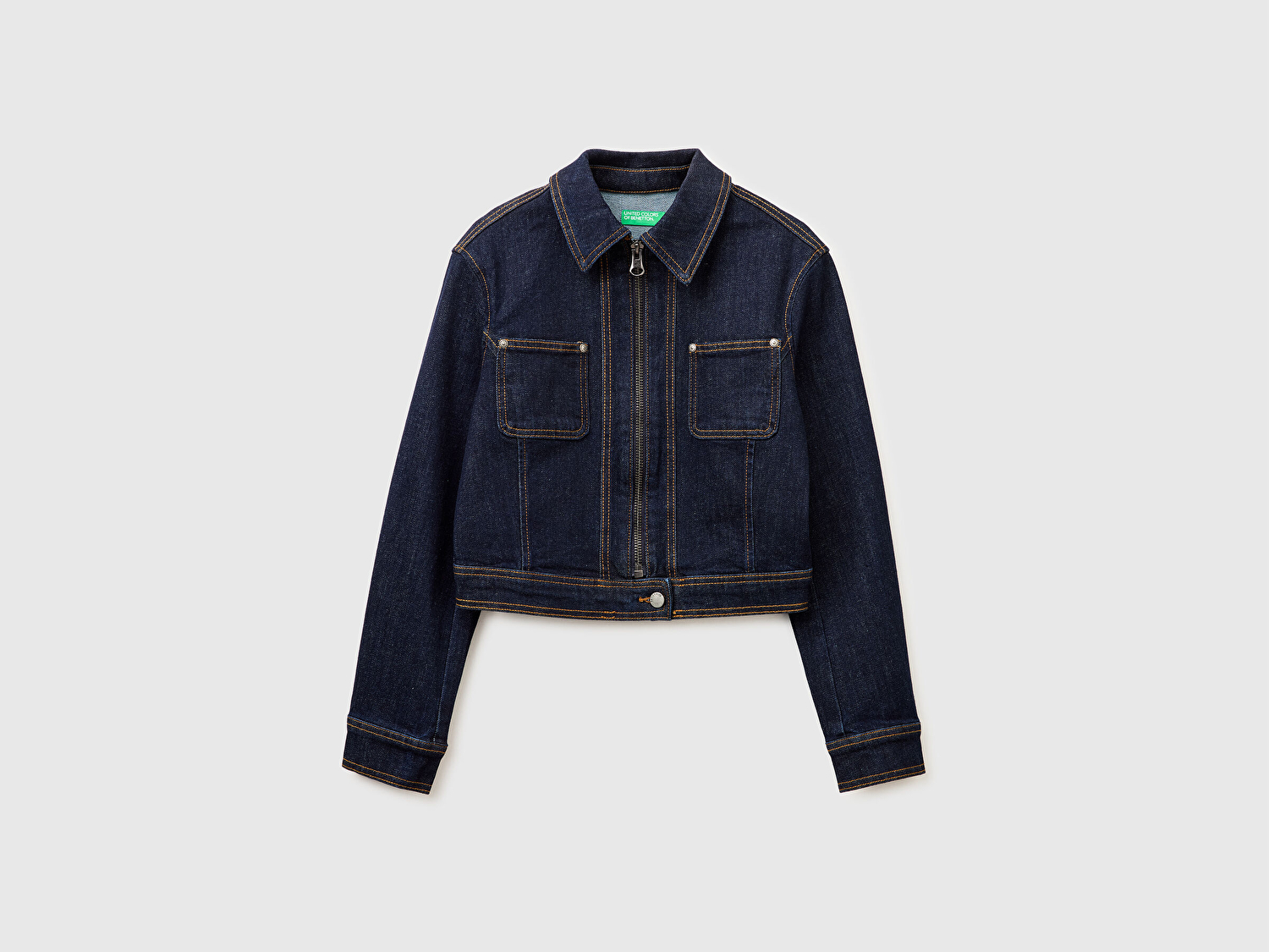 Benetton Kadın Lacivert Pamuk Karışımlı Fermuarlı Yamalı Cepli Denim Ceket
