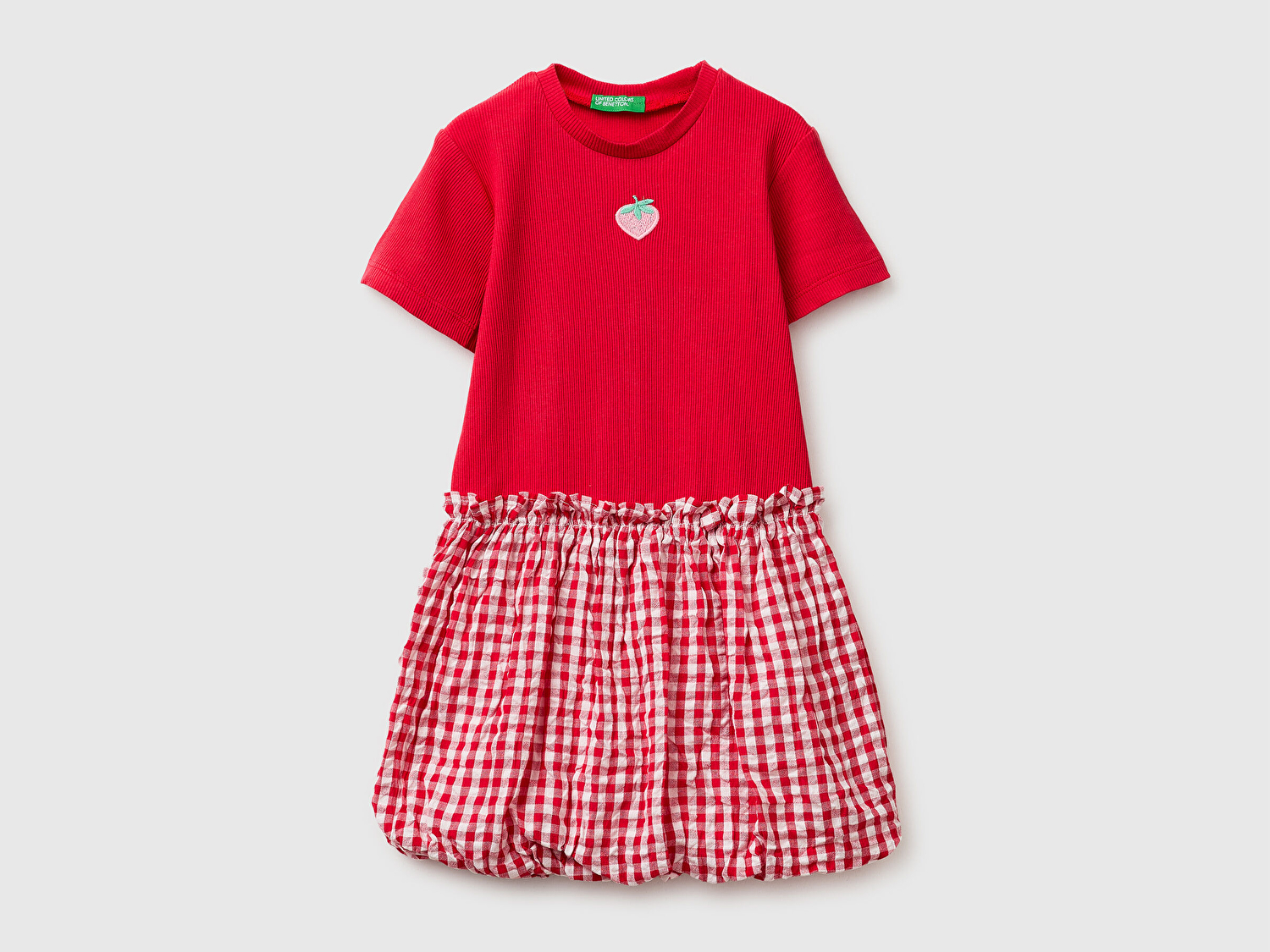 Benetton Kız Bebek Kırmızı Mix Nakış İşlemeli Kareli İki Parça Görünümlü Balon Elbise