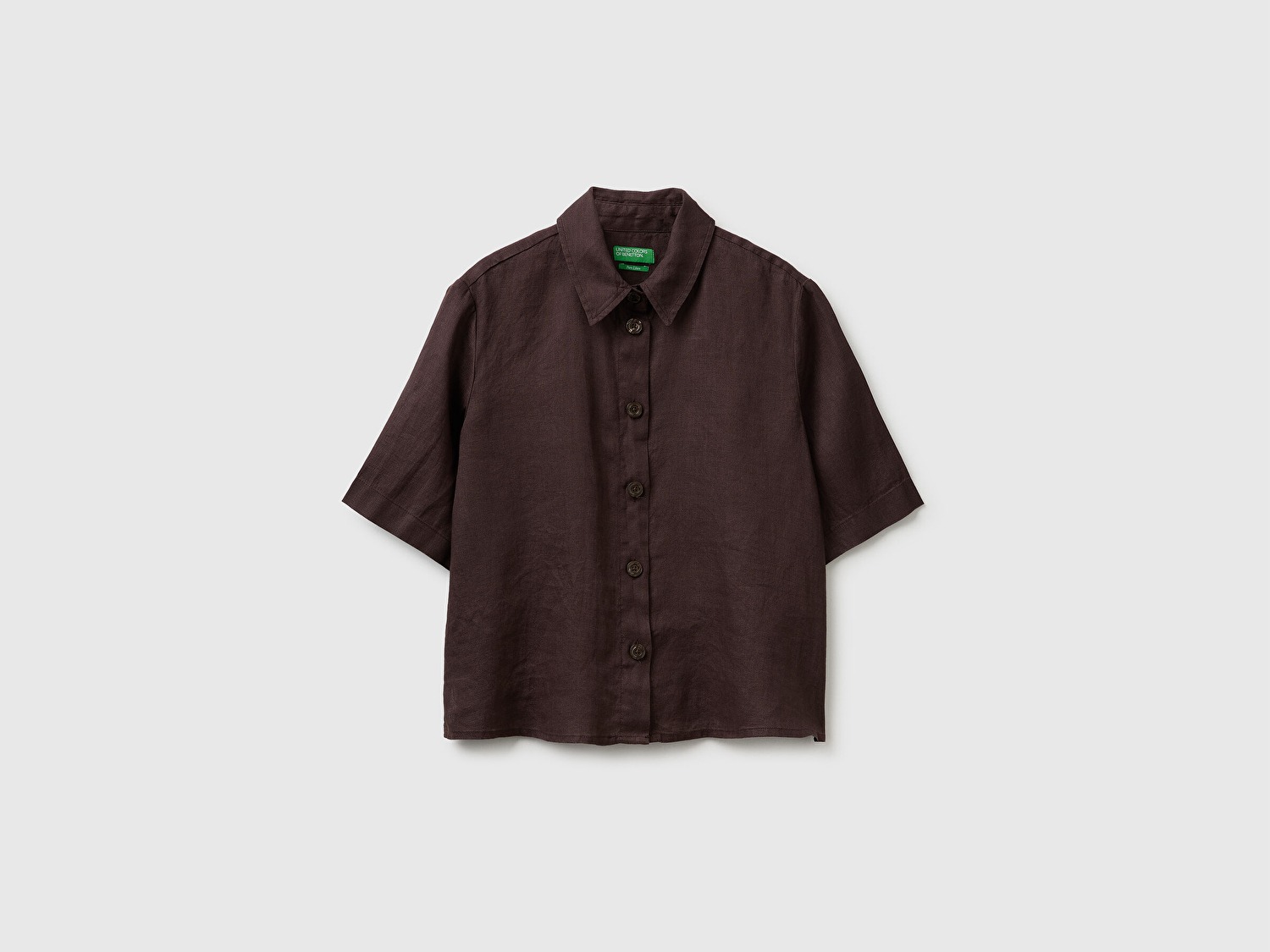 Benetton Kadın Kahverengi %100 Keten Yarım Kollu Düz Gömlek