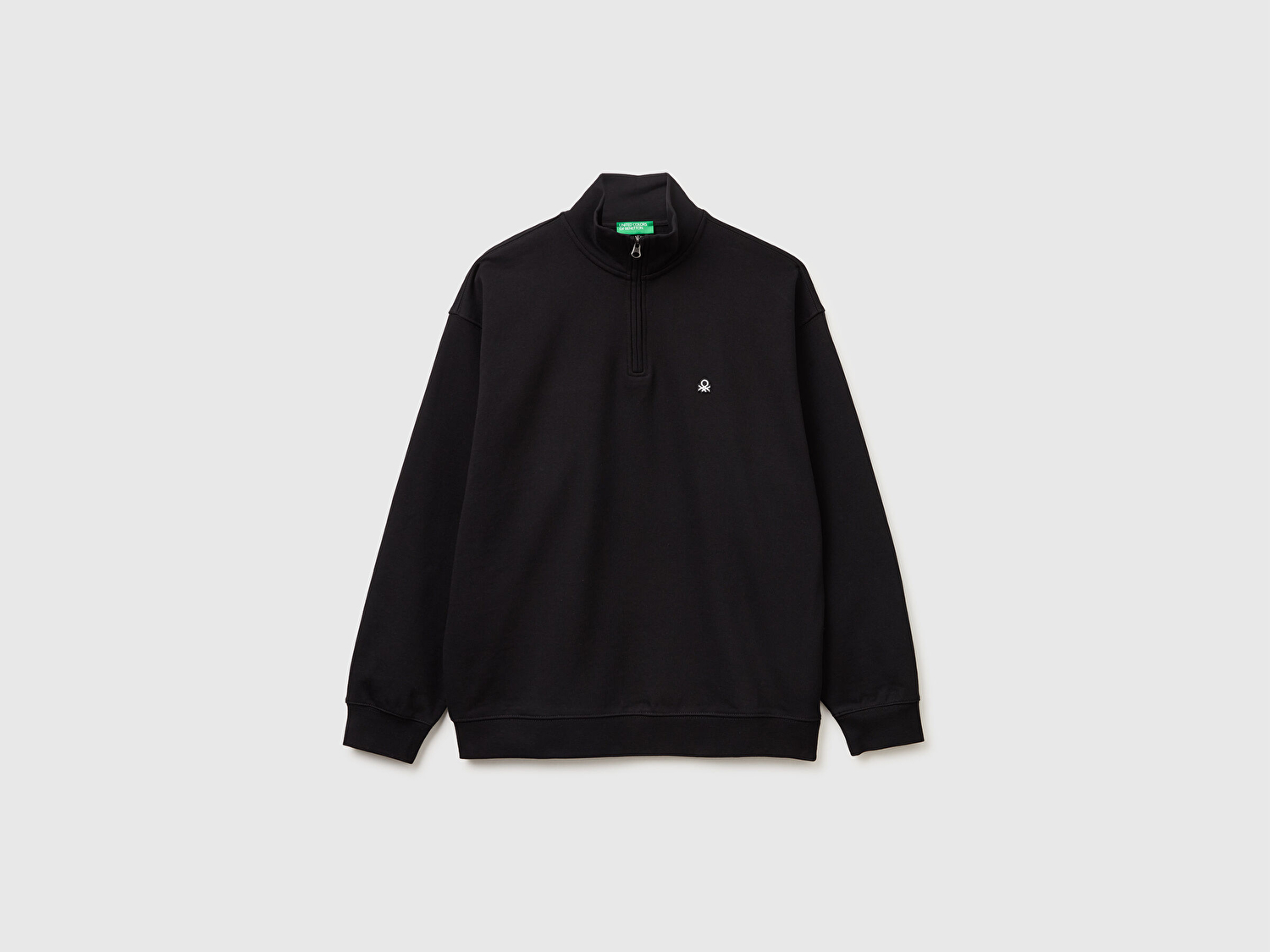 Benetton Erkek Siyah  %100 Pamuk Logo Detaylı Fermuarlı Dik Yaka Sweatshirt