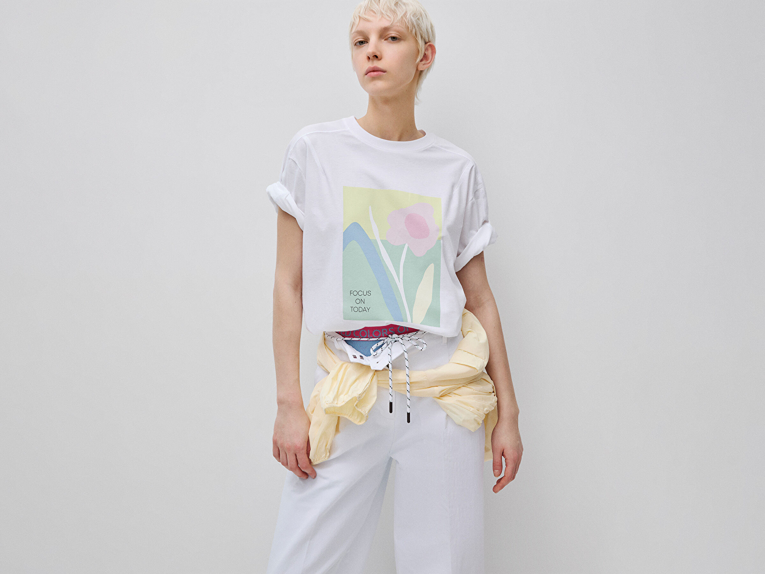 Benetton Kadın Beyaz %100 Pamuk Su Bazlı Baskılı Oversize Bisiklet Yaka T-Shirt