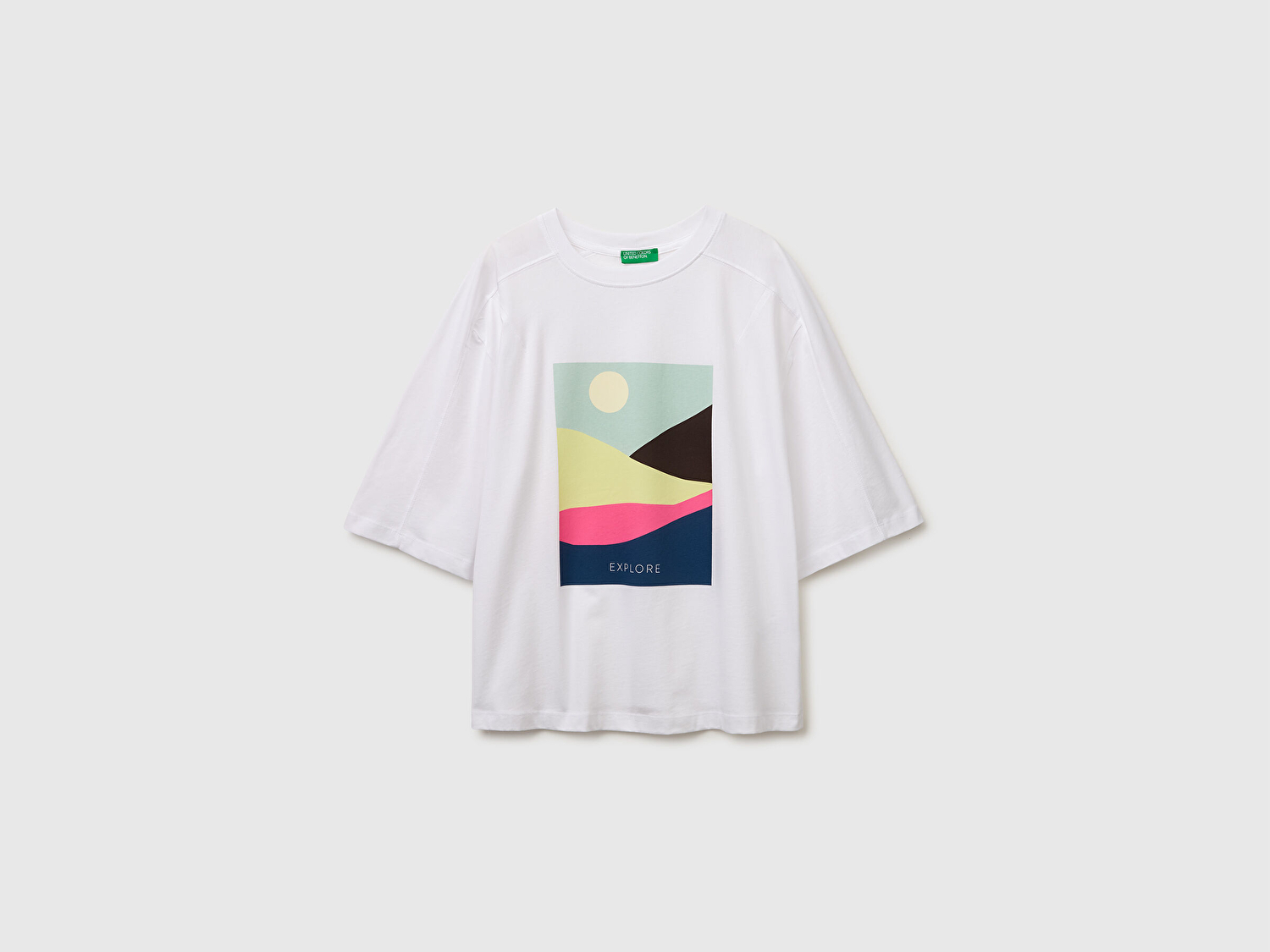 Benetton Kadın Beyaz Mix %100 Pamuk Su Bazlı Baskılı Oversize Bisiklet Yaka T-Shirt