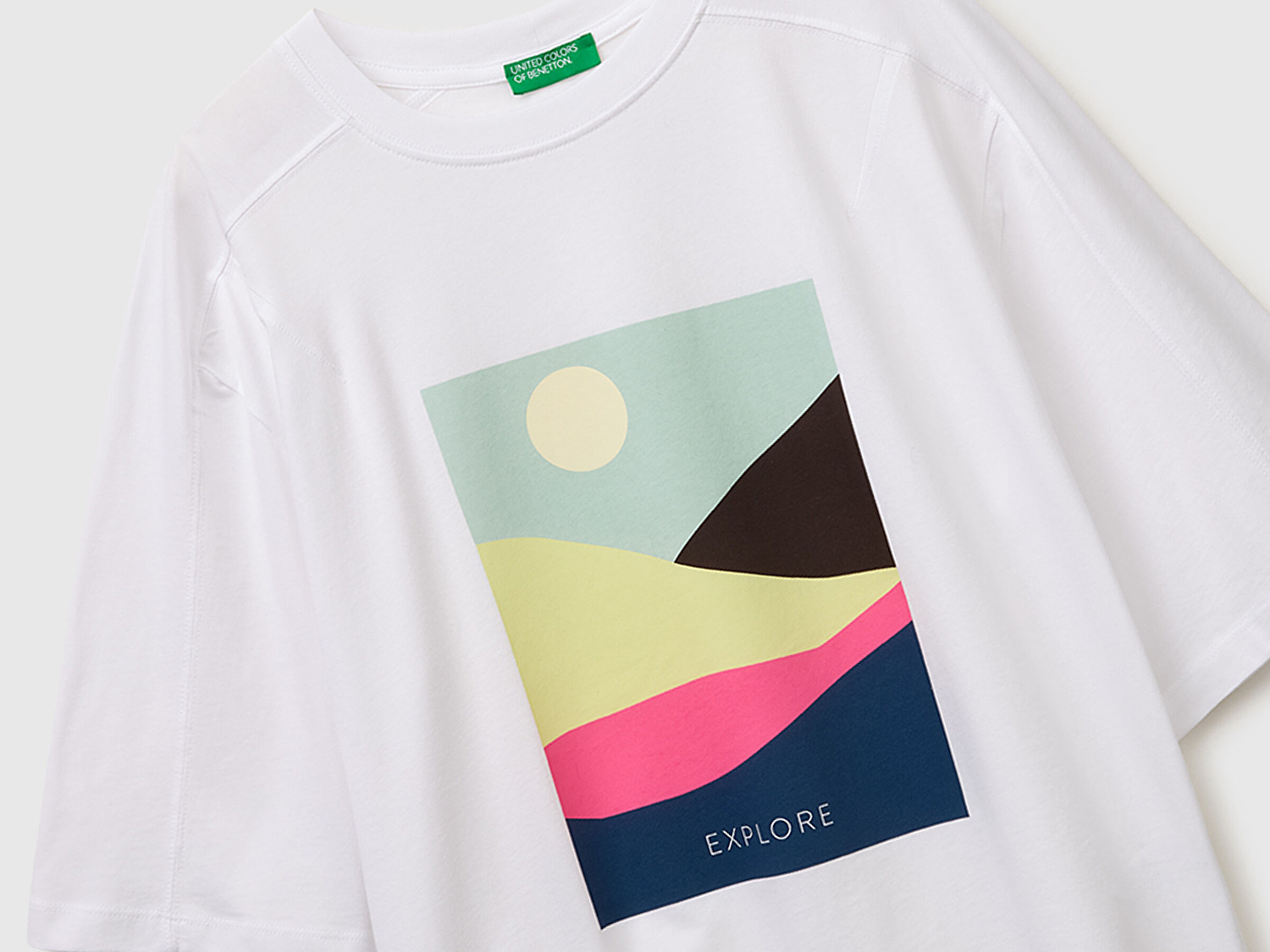 Benetton Kadın Beyaz Mix %100 Pamuk Su Bazlı Baskılı Oversize Bisiklet Yaka T-Shirt