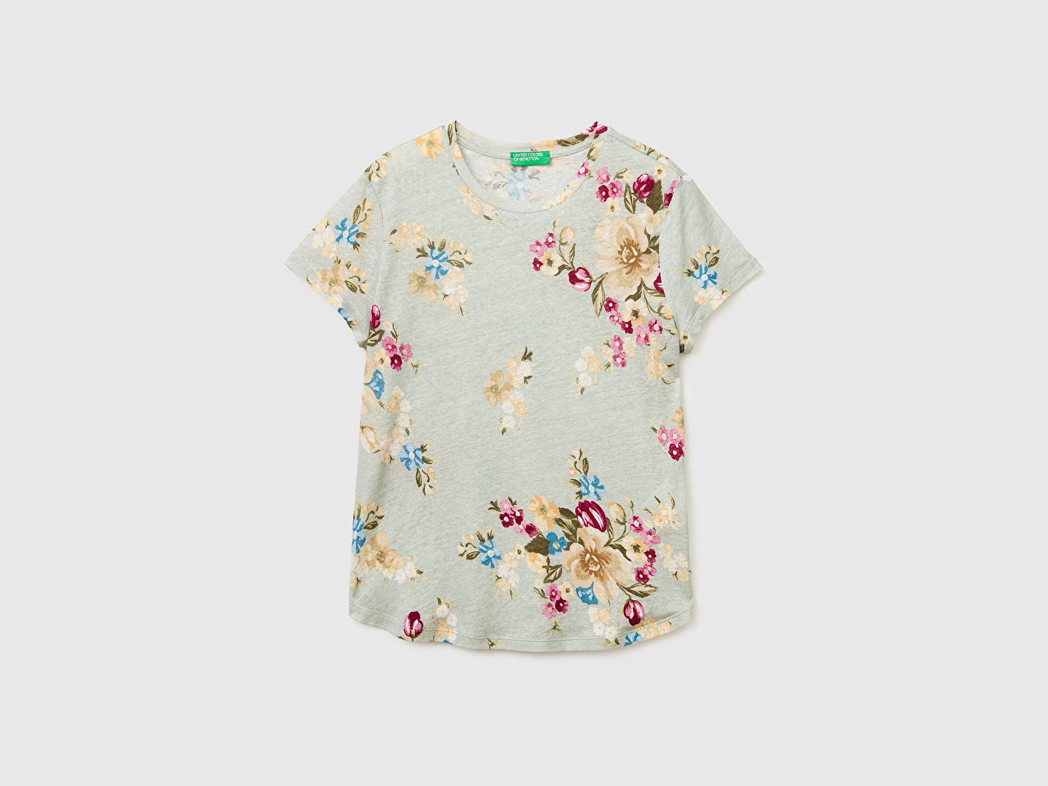 Benetton Kadın Su Yeşili Keten ve Viskoz Karışımlı Çiçek Baskılı Bisiklet Yaka T-Shirt