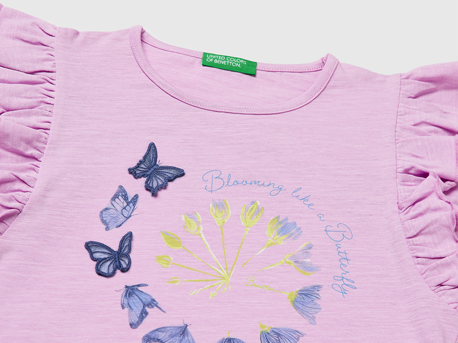 Benetton Kız Bebek Pembe İşlemeli Kelebek Baskılı Kolları Fırfırlı T-Shirt
