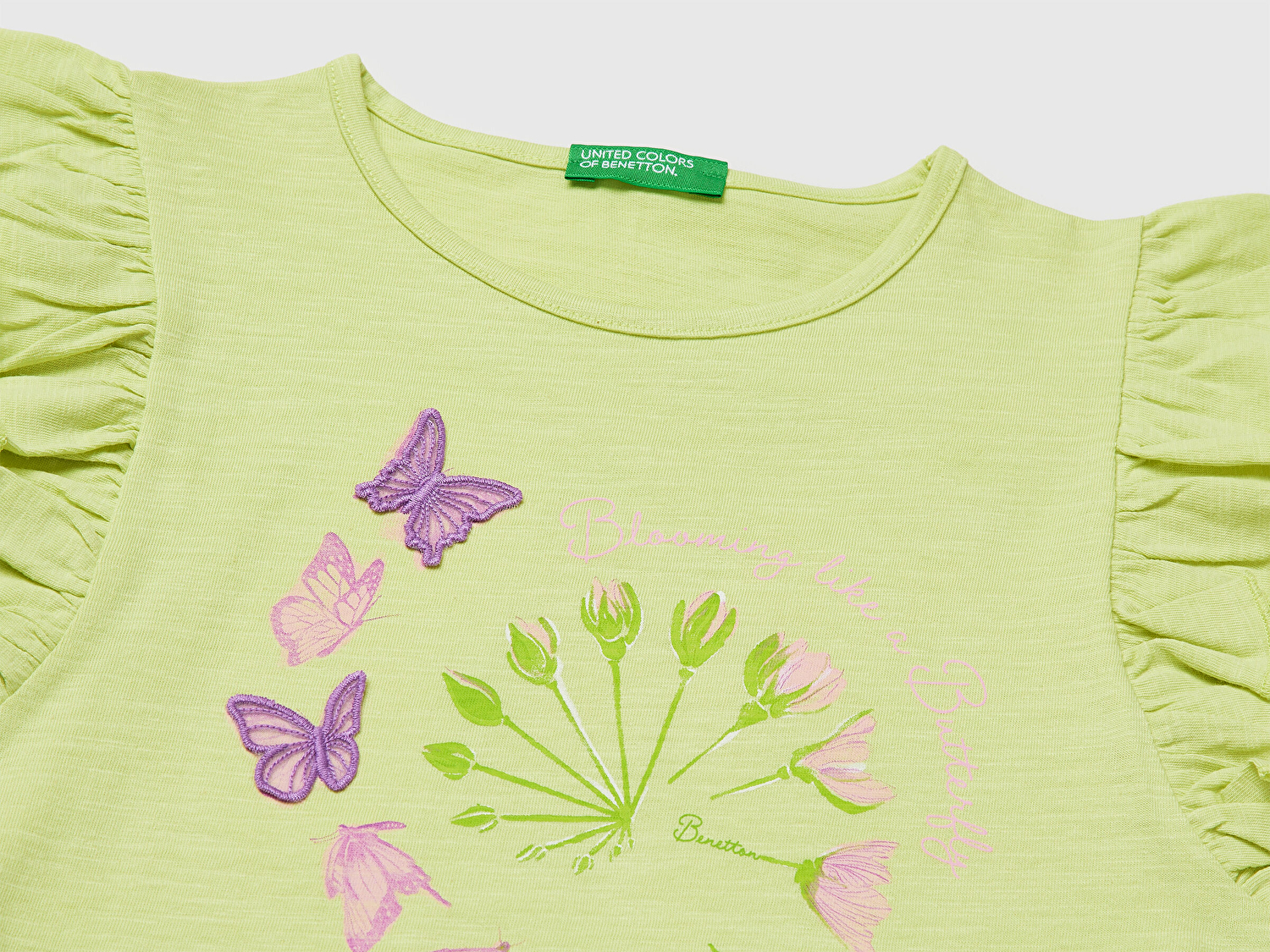 Benetton Kız Bebek Sarı İşlemeli Kelebek Baskılı Kolları Fırfırlı T-Shirt