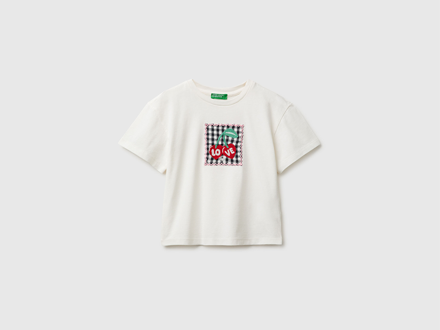 Benetton Kız Bebek Beyaz Aplike İşlemeli Kısa Kollu Bisiklet Yaka T-Shirt