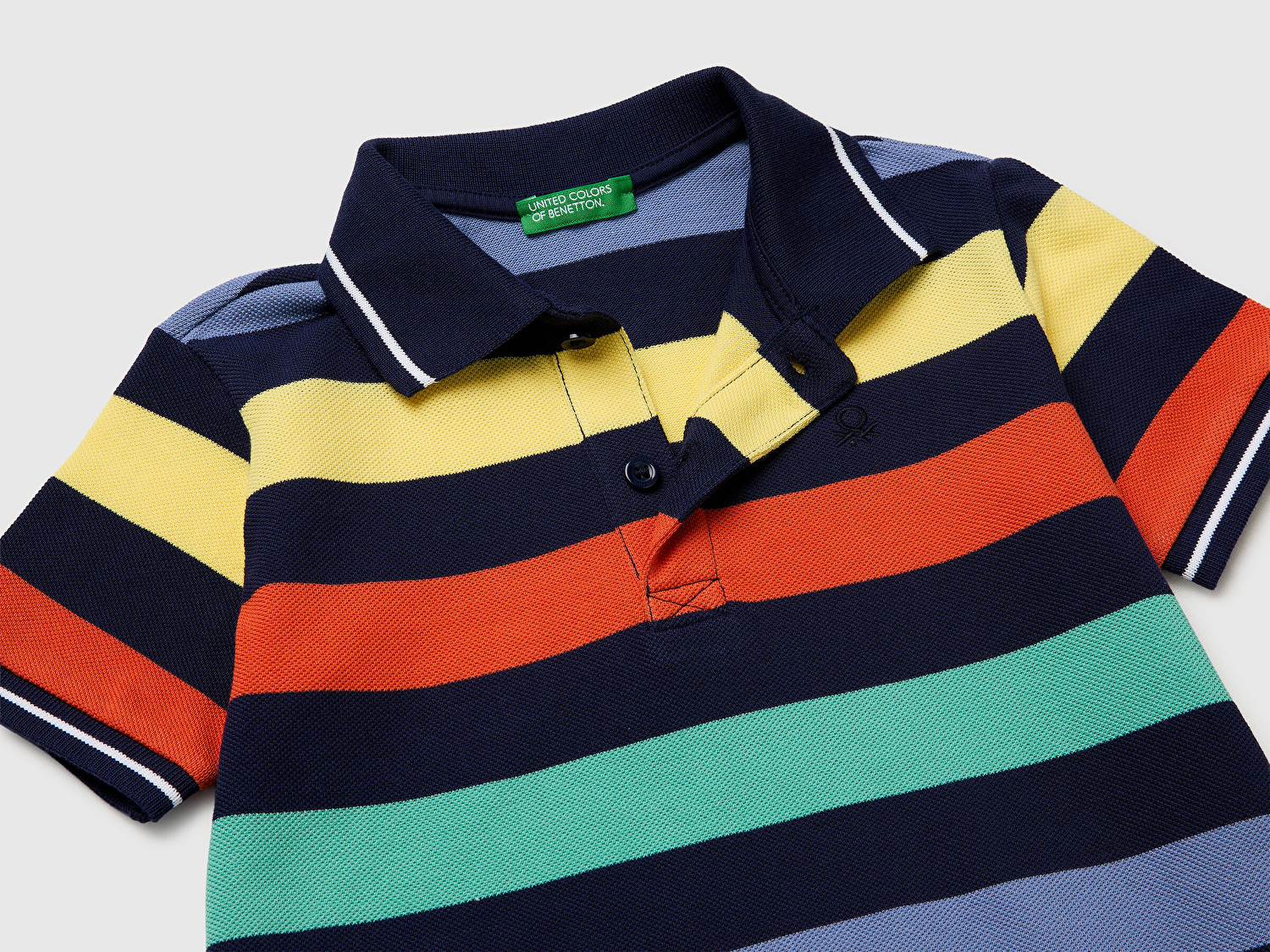 Benetton Erkek Bebek Koyu Mix Çizgili Logo Nakışlı Polo Yaka Küçük Çocuk T-Shirt