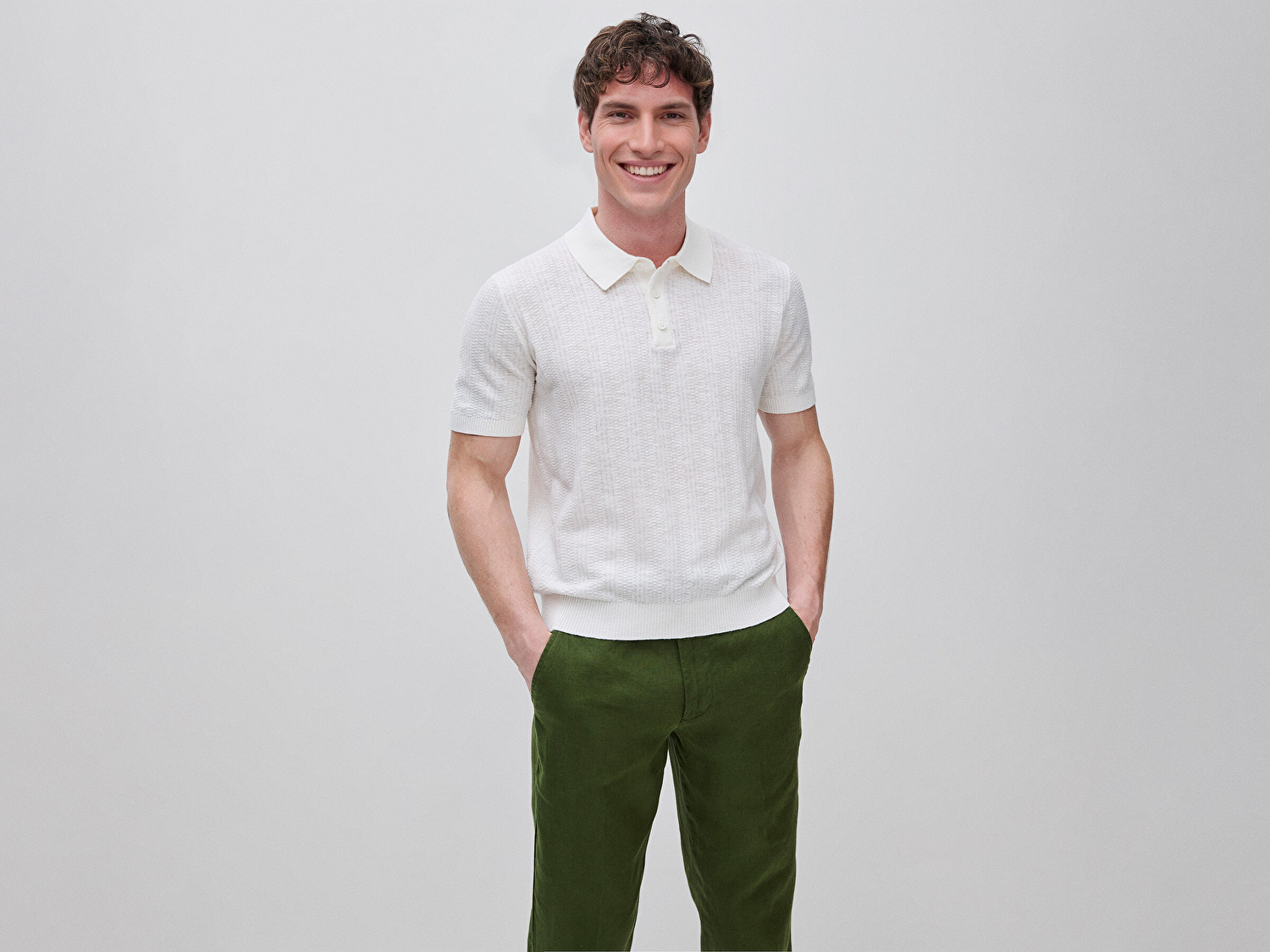 Benetton Erkek Krem  Pamuk Keten Karışımlı Düğmeli Örme Dokulu Polo Yaka  Triko T-Shirt