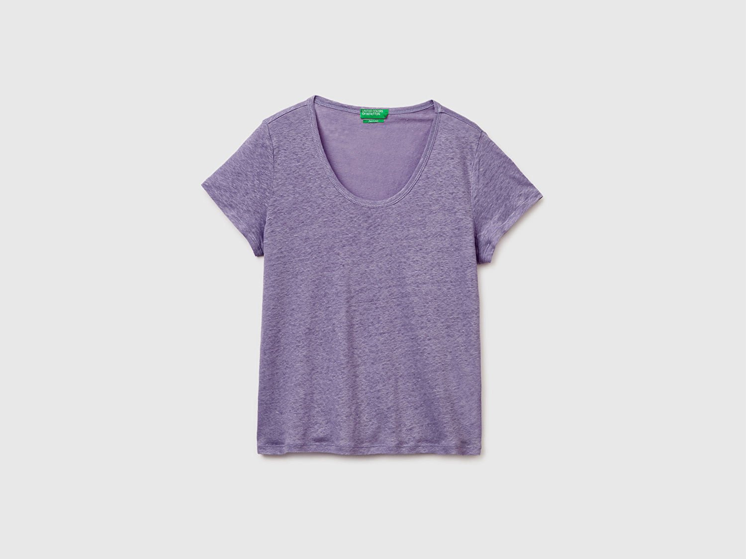 Benetton Kadın Koyu Gri %100 Keten Geniş Yaka Kısa Kollu T-Shirt