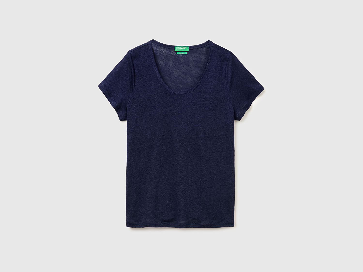 Benetton Kadın Lacivert %100 Keten Geniş Yaka Kısa Kollu T-Shirt