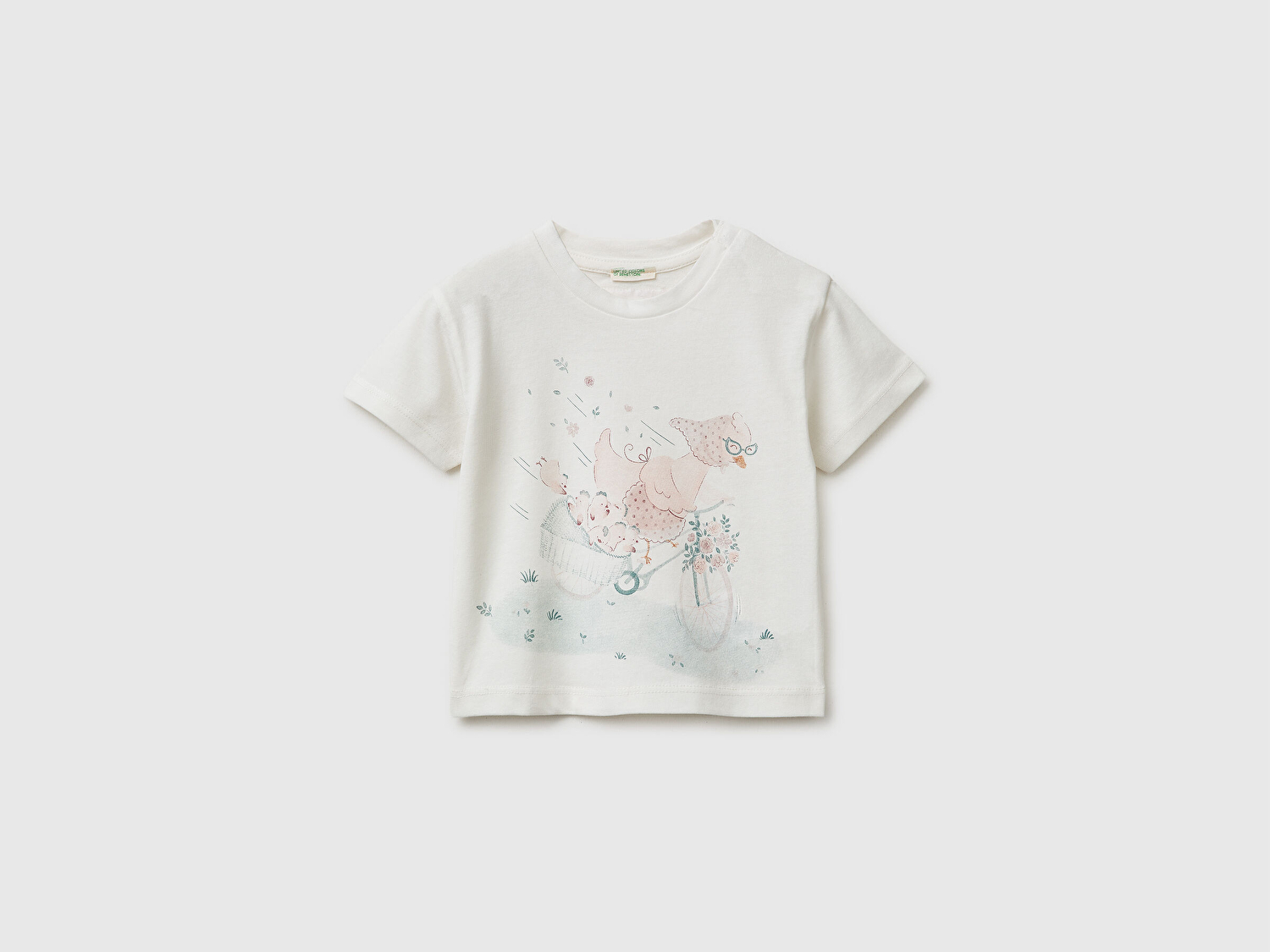 Benetton Bebek Beyaz Su Bazlı Baskılı Omzu Gizli Çıtçıtlı Yuvarlak Yaka T-Shirt
