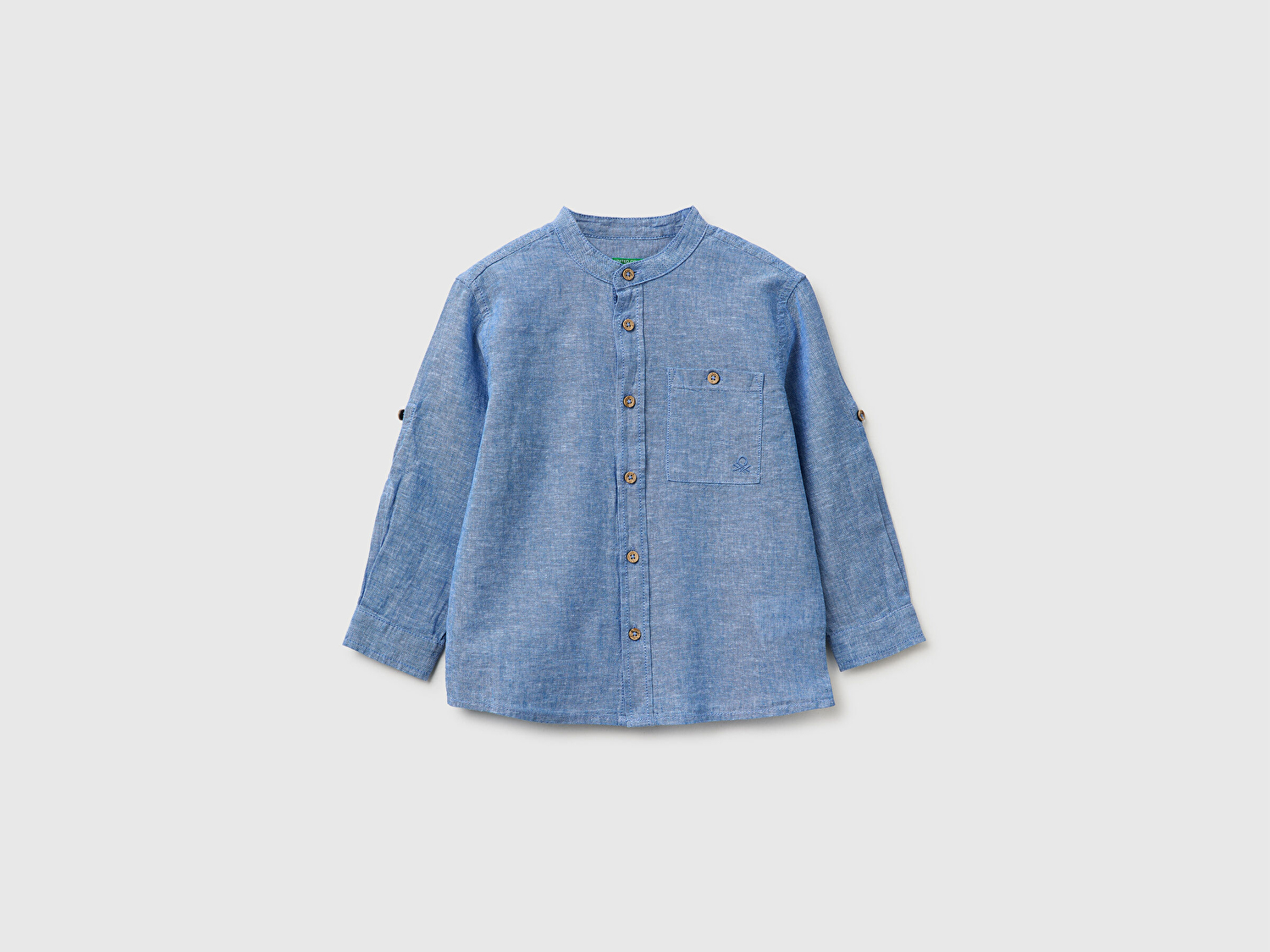 Benetton Erkek Bebek Mavi Logo İşlemeli Yama Cepli Henley Yaka Gömlek
