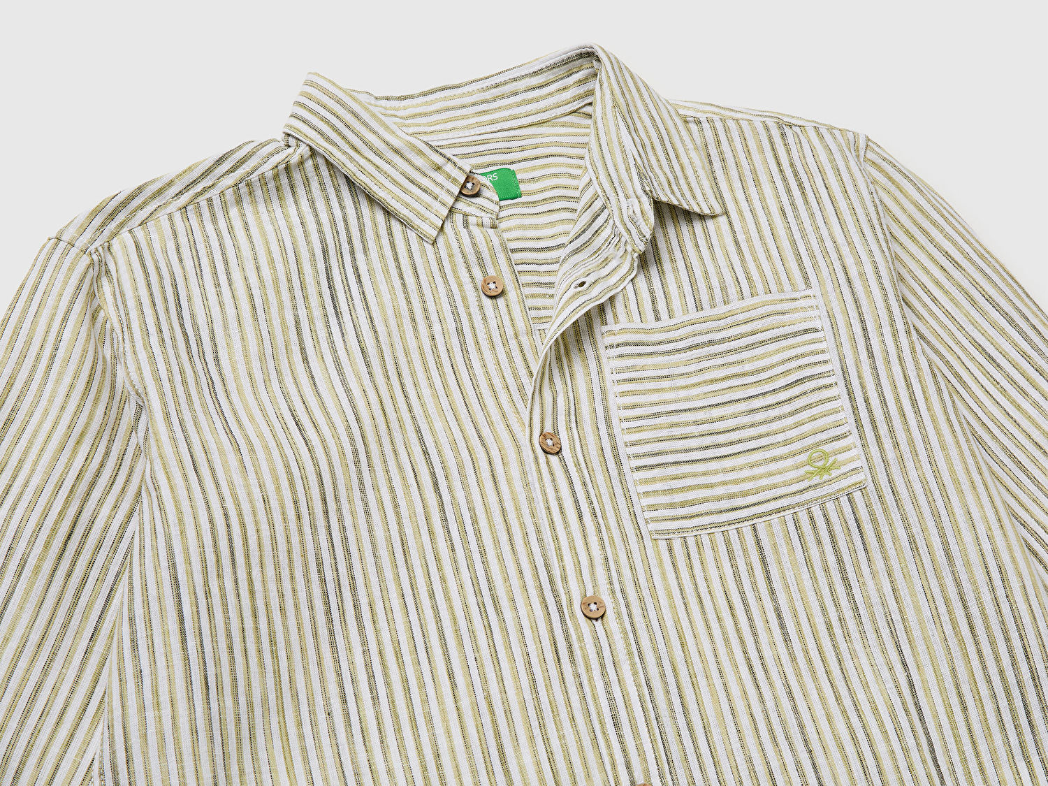 Benetton Erkek Çocuk Sarı Logo İşlemeli Cepli Ahşap Düğmeli Çizgili Klasik Yaka Gömlek