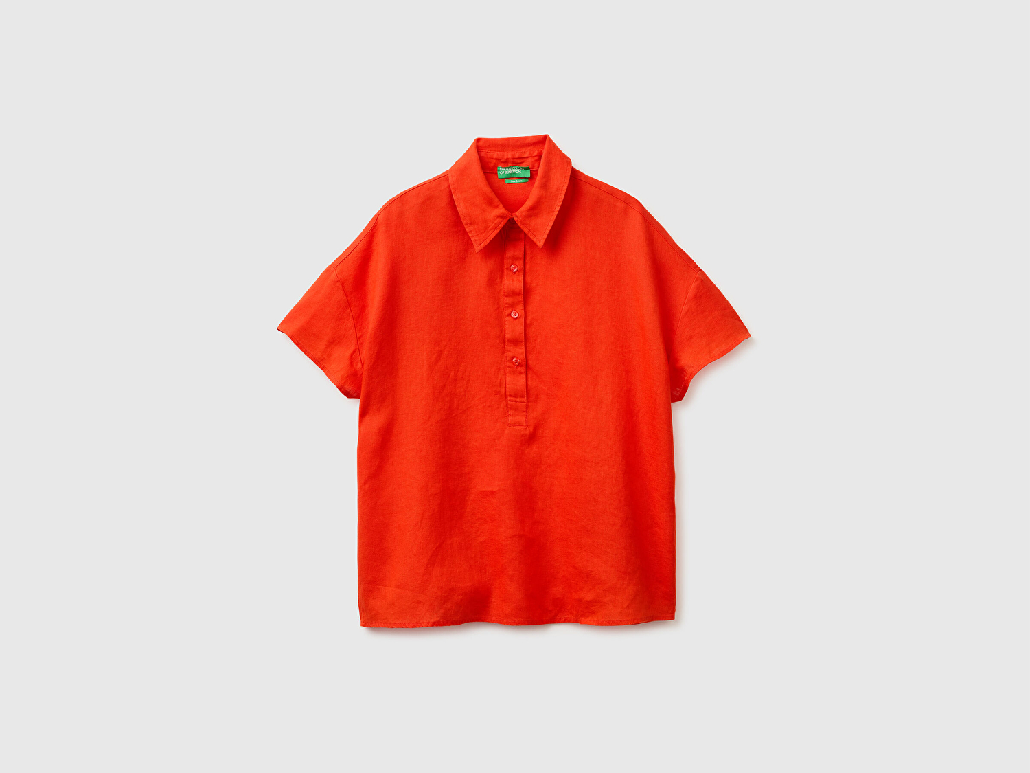 Benetton Kadın Kırmızı %100 Keten Düşük Omuzlu  Polo Yaka Kısa Kollu Bluz