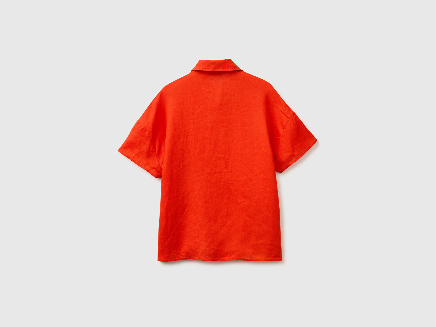 Benetton Kadın Kırmızı %100 Keten Düşük Omuzlu  Polo Yaka Kısa Kollu Bluz