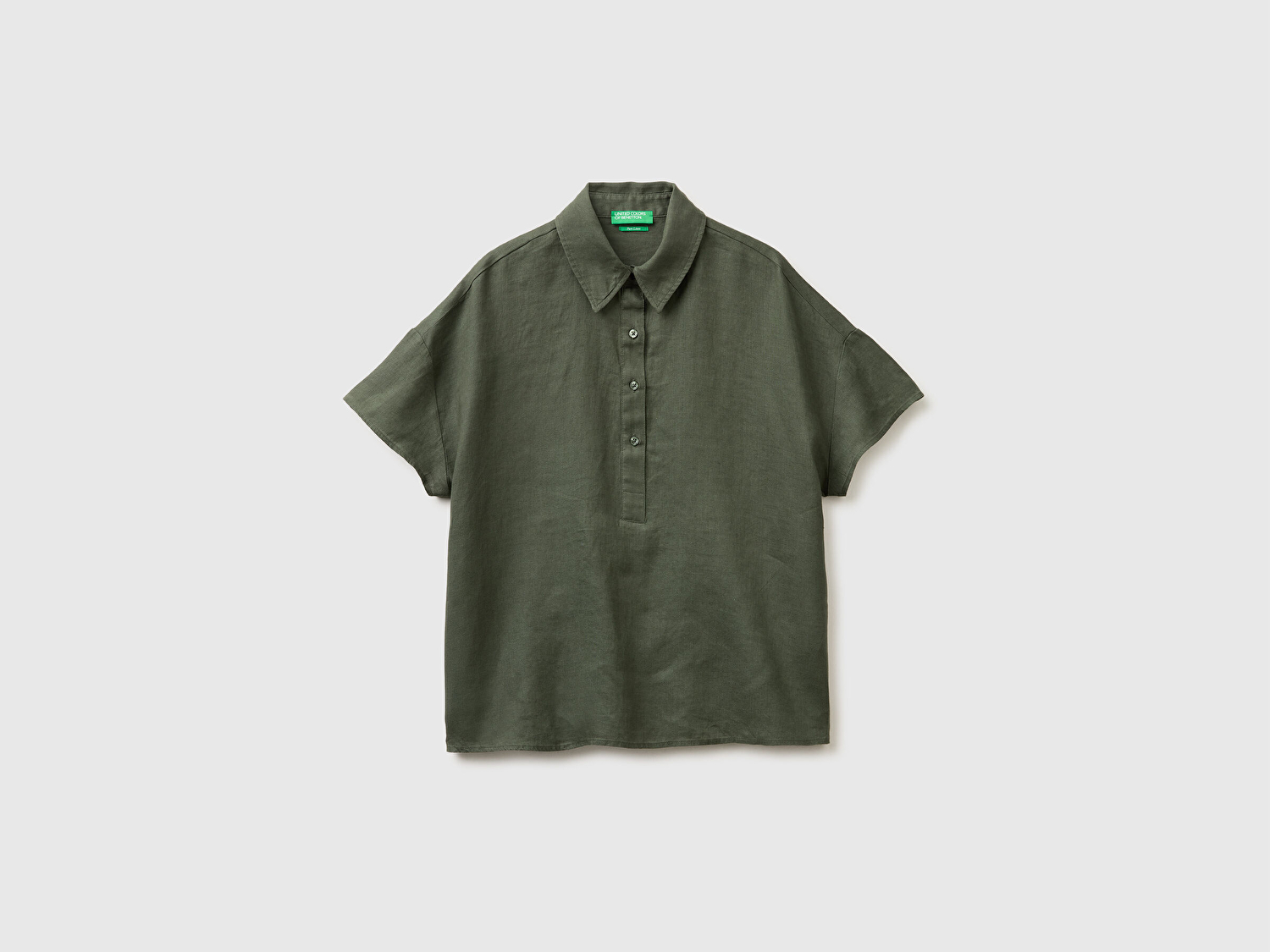 Benetton Kadın Haki %100 Keten Düşük Omuzlu  Polo Yaka Kısa Kollu Bluz