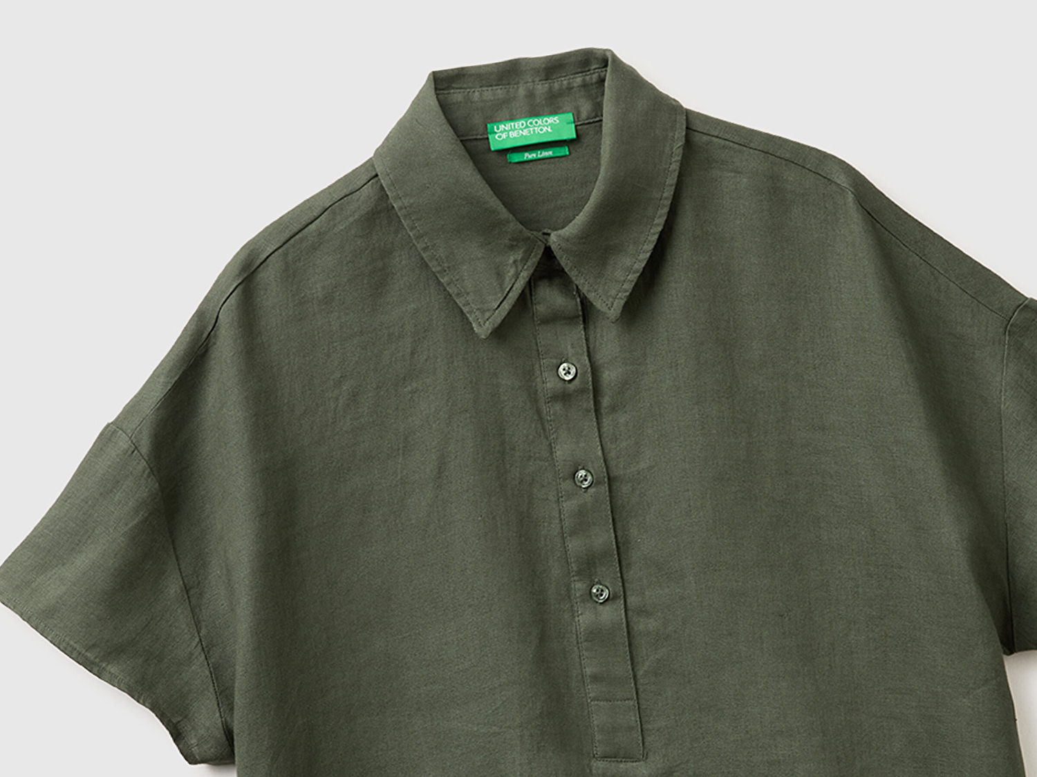 Benetton Kadın Haki %100 Keten Düşük Omuzlu  Polo Yaka Kısa Kollu Bluz
