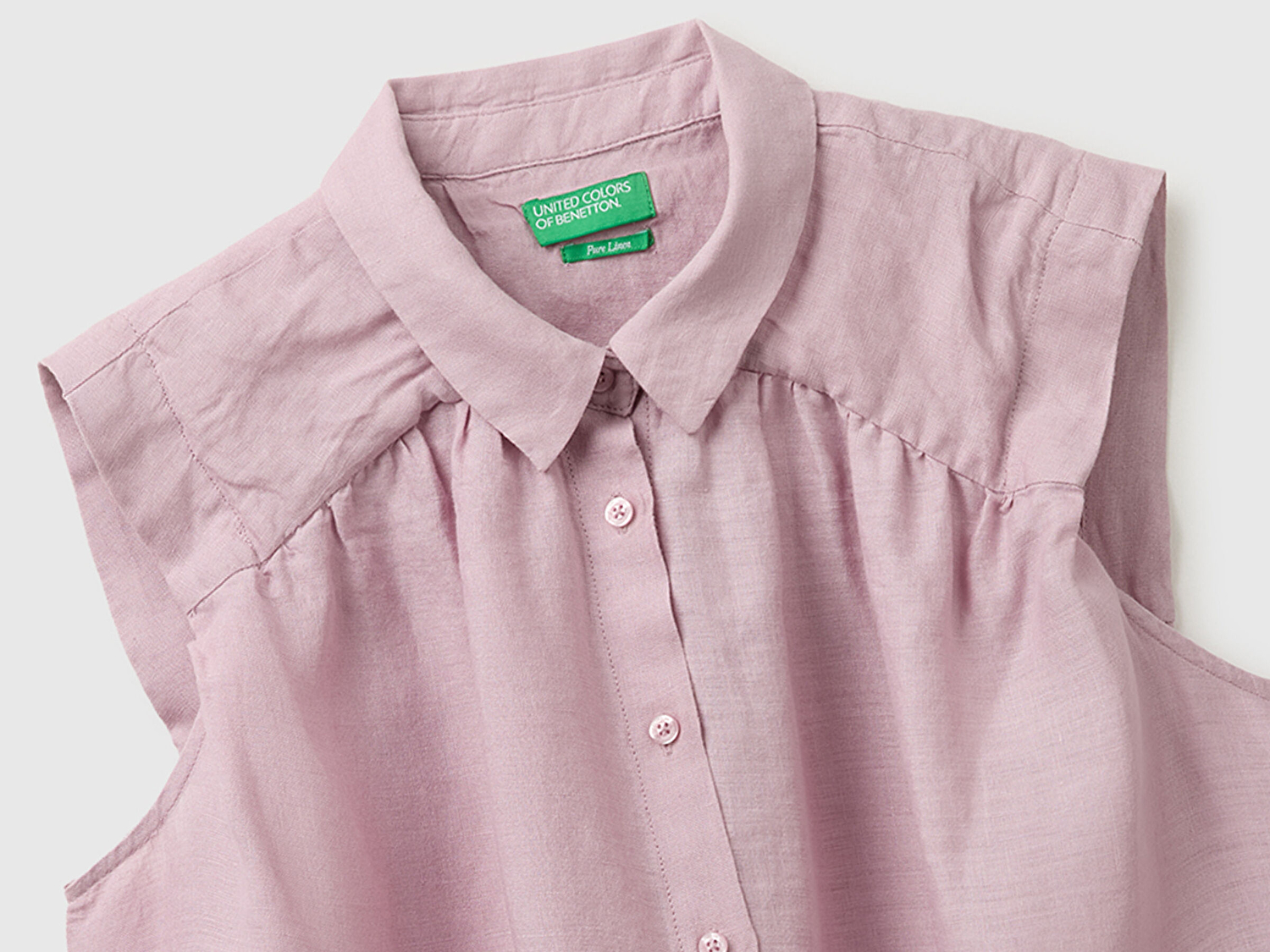 Benetton Kadın Açık Pembe %100 Keten Önü Pileli Kolsuz Bluz