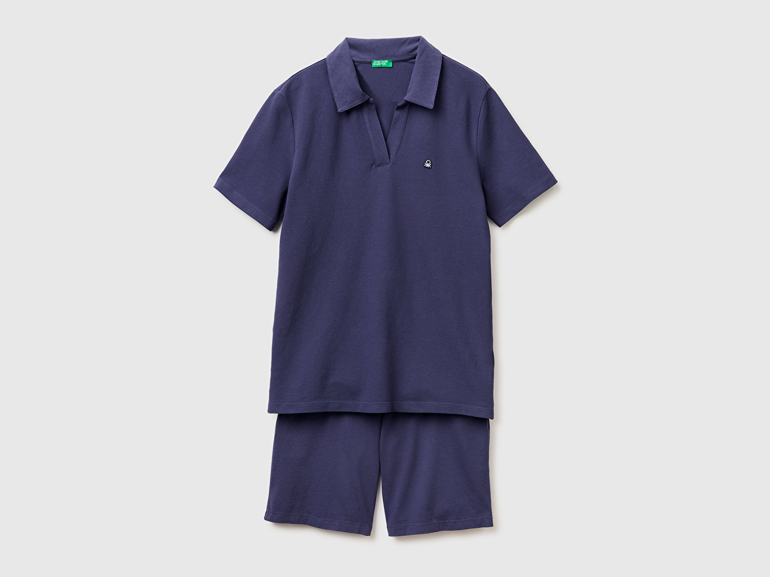 Benetton Erkek Koyu Mavi  %100 Pamuk Logo Detaylı Polo Yaka Kısa Kollu Pijama Takımı