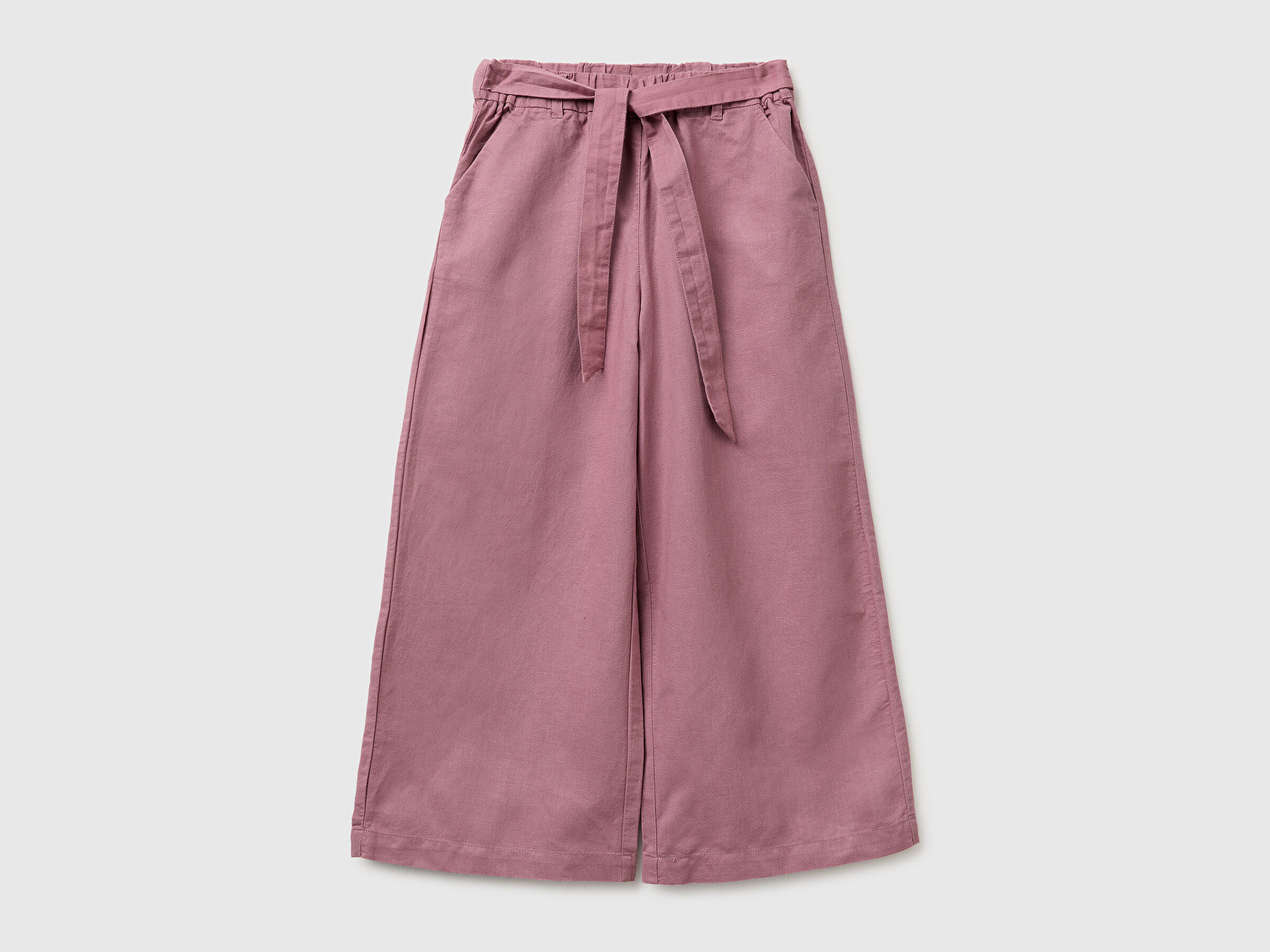 Benetton Kız Çocuk Mürdüm Keten Karışımlı Beli Dikişli Kuşaklı Geniş Paça Pantolon