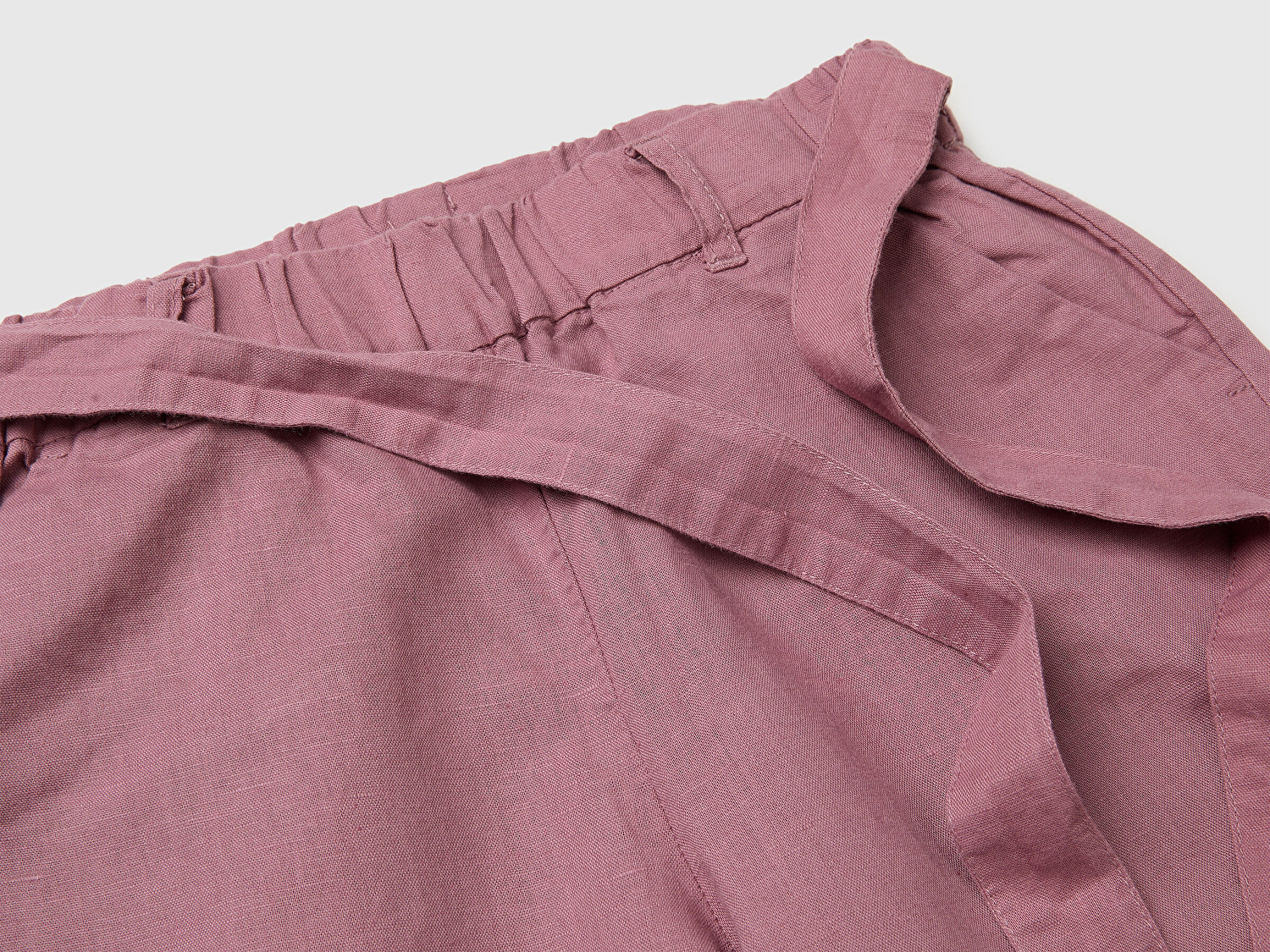 Benetton Kız Çocuk Mürdüm Keten Karışımlı Beli Dikişli Kuşaklı Geniş Paça Pantolon