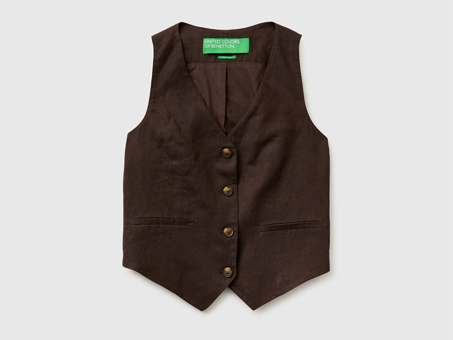 Benetton Kadın Kahverengi %100 Keten  Cepli Düğmeli Kolsuz Yelek