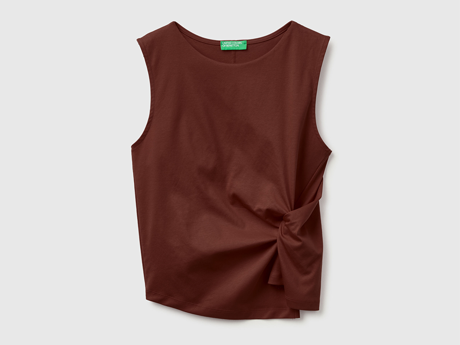 Benetton Kadın Koyu Kahverengi %100 Pamuk Önü Düğüm Detaylı Kolsuz T-Shirt