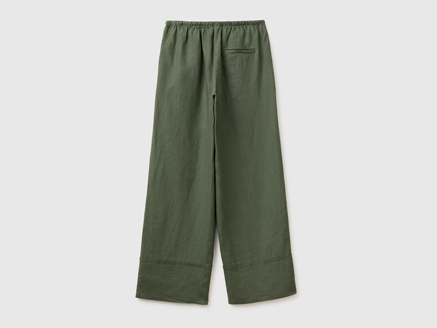 Benetton Kadın Haki %100 Keten Beli Lastikli Bol Kesim Kıvrık Paça Pantolon