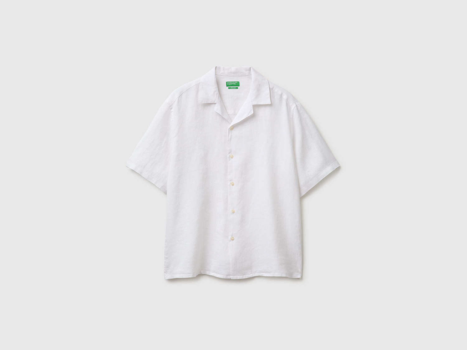 Benetton Erkek Beyaz  %100 Keten Relaxed Fit Kısa Kollu Bowling Yaka Gömlek