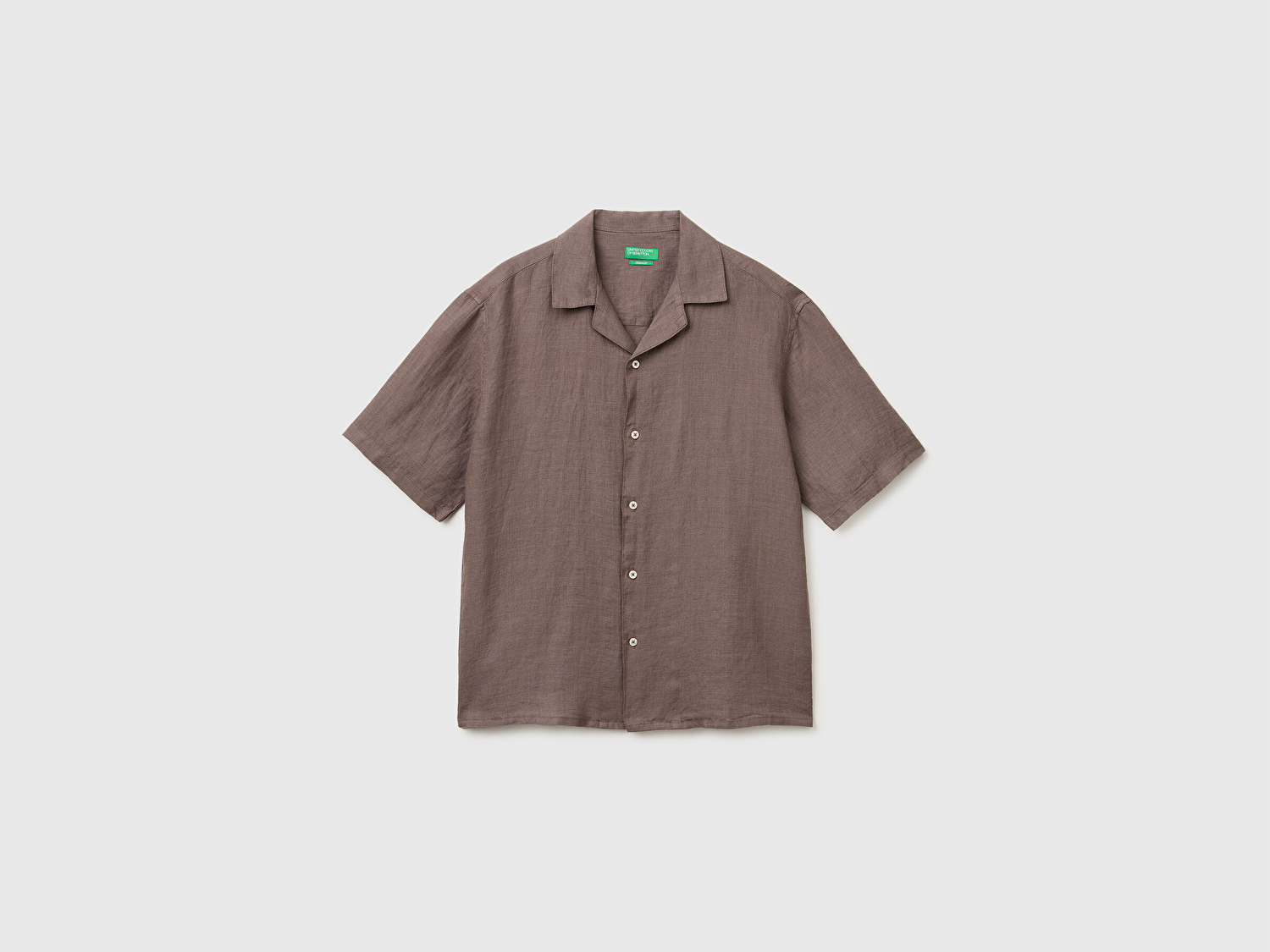 Benetton Erkek Kahverengi  %100 Keten Relaxed Fit Kısa Kollu Bowling Yaka Gömlek