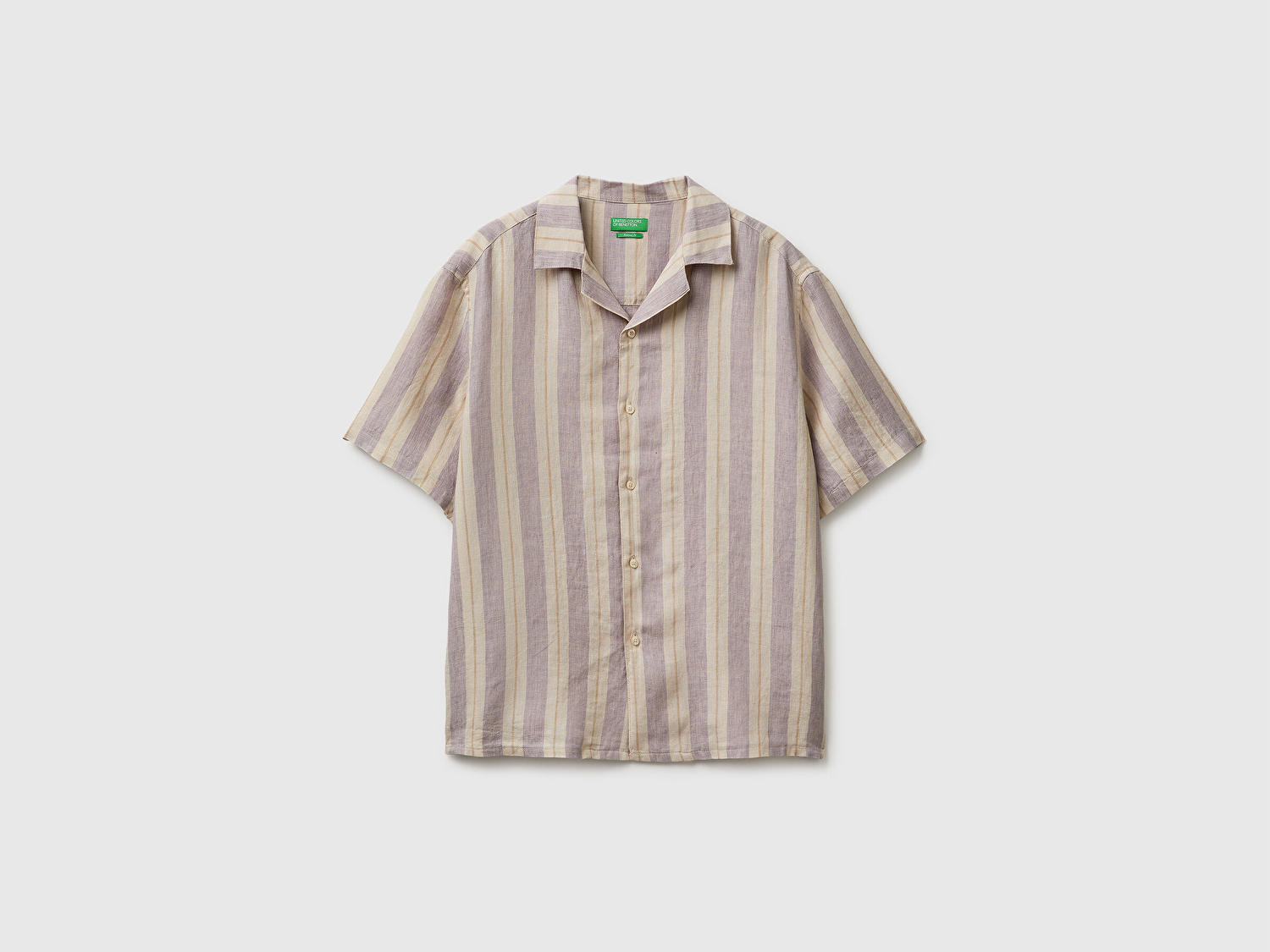 Benetton Erkek Lila Mix  %100 Keten Relaxed Fit Kısa Kollu Bowling Yaka Gömlek