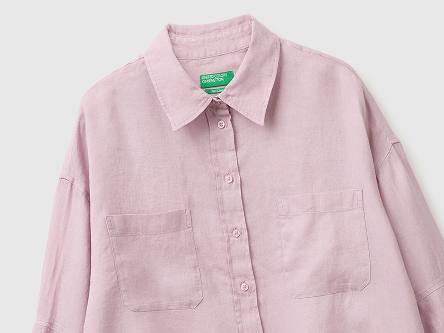 Benetton Kadın Açık Pembe %100 Keten Düşük Omuzlu Boxy Fit Gömlek