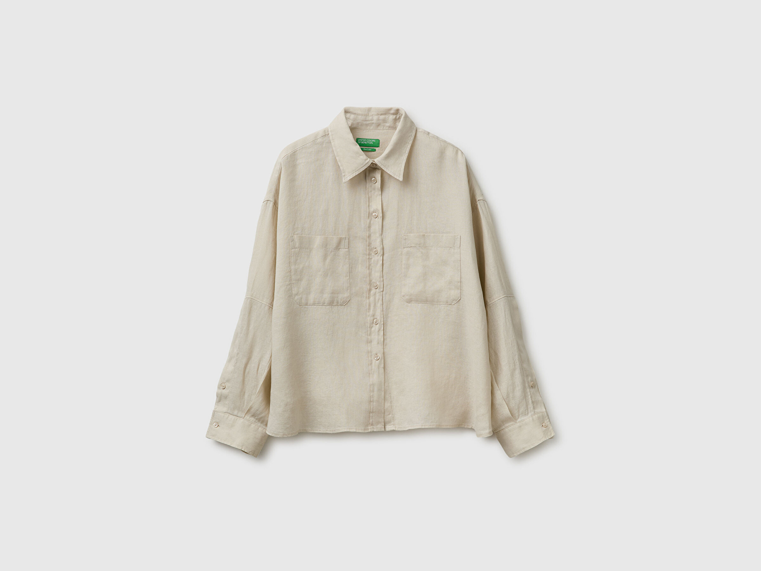 Benetton Kadın Taş %100 Keten Düşük Omuzlu Boxy Fit Gömlek