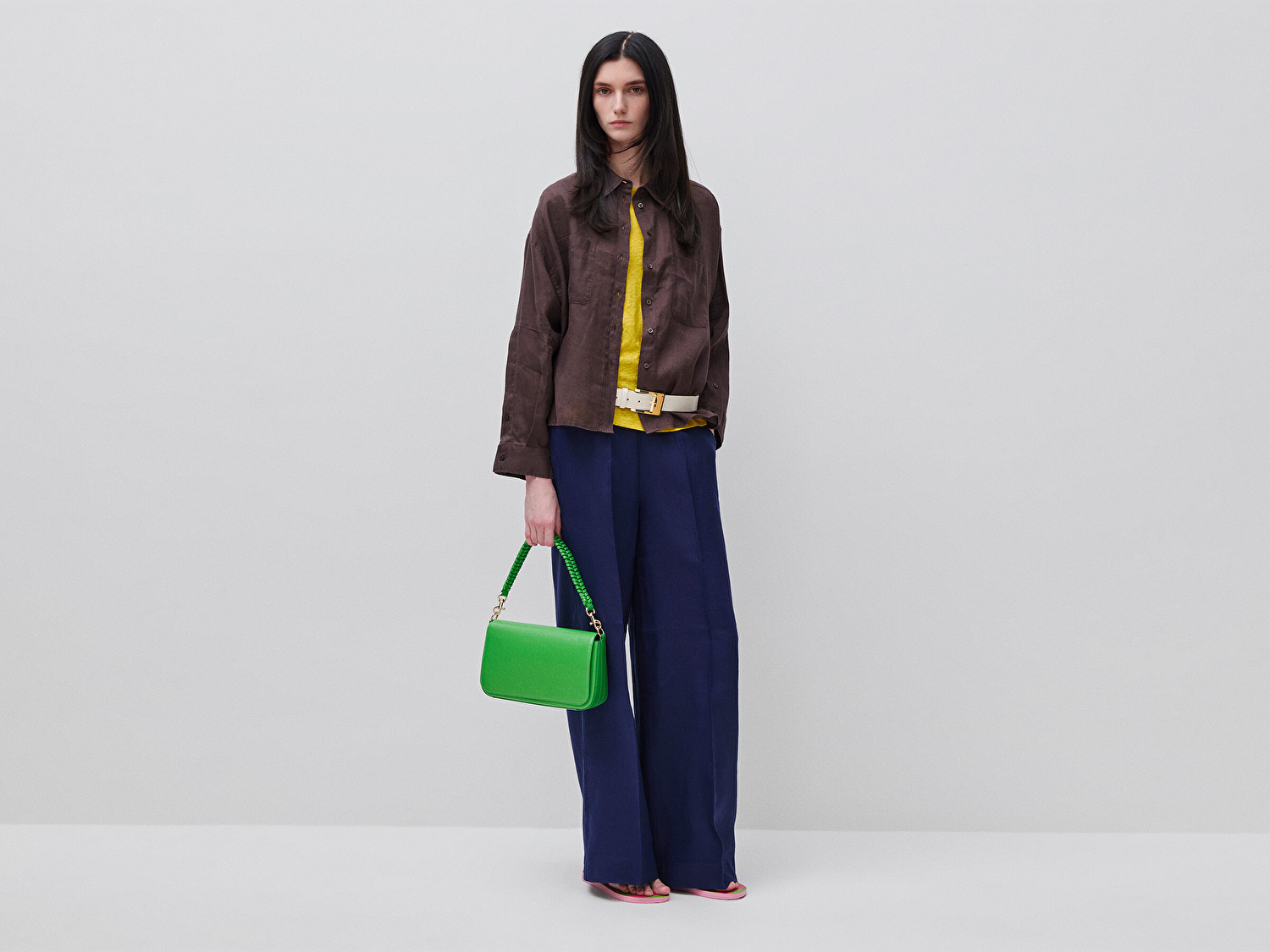 Benetton Kadın Kahverengi %100 Keten Düşük Omuzlu Boxy Fit Gömlek
