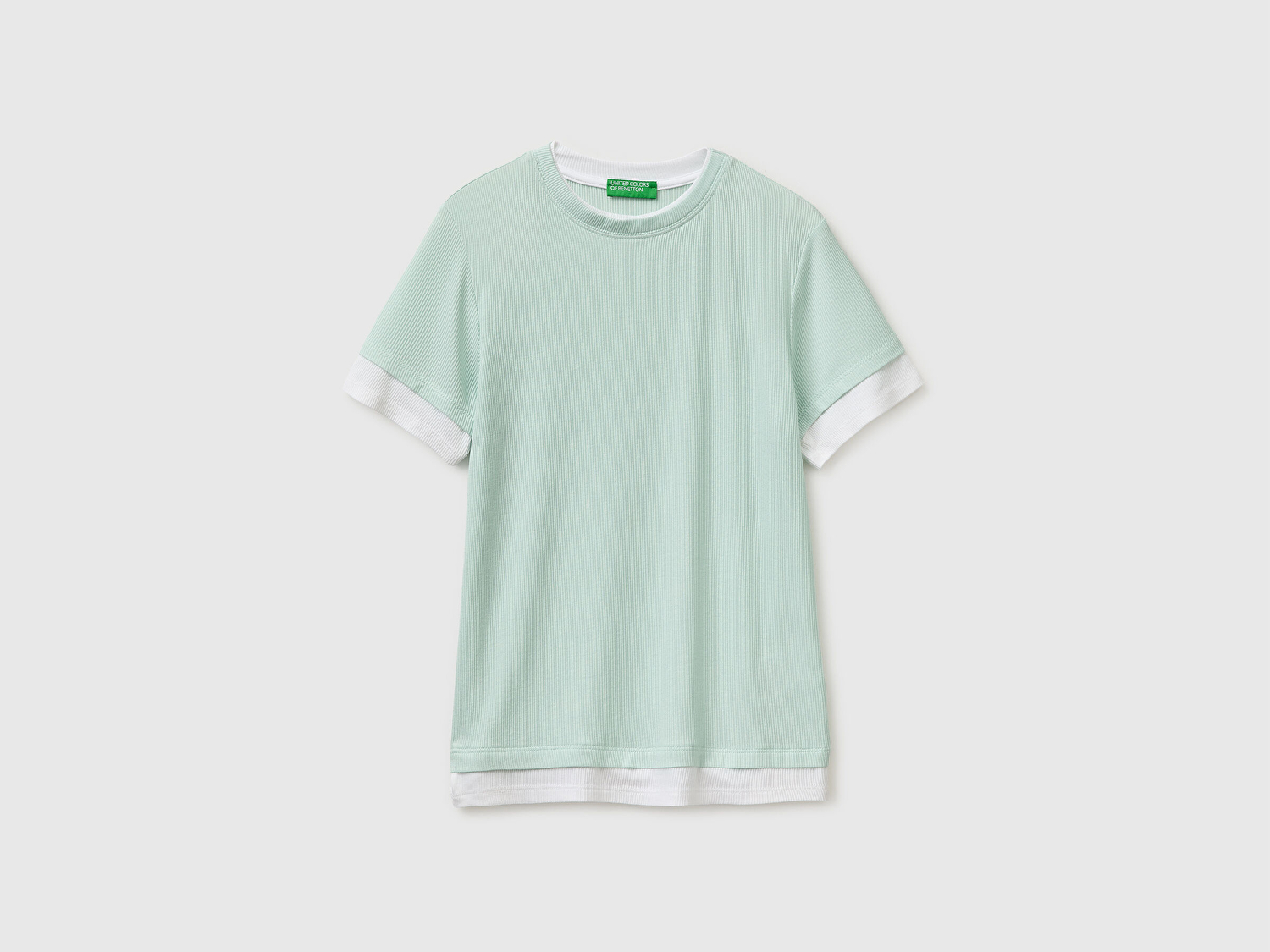 Benetton Kadın Su Yeşili Viskoz Karışımlı Ribanalı Kontrast Detaylı Slim Fit T-Shirt