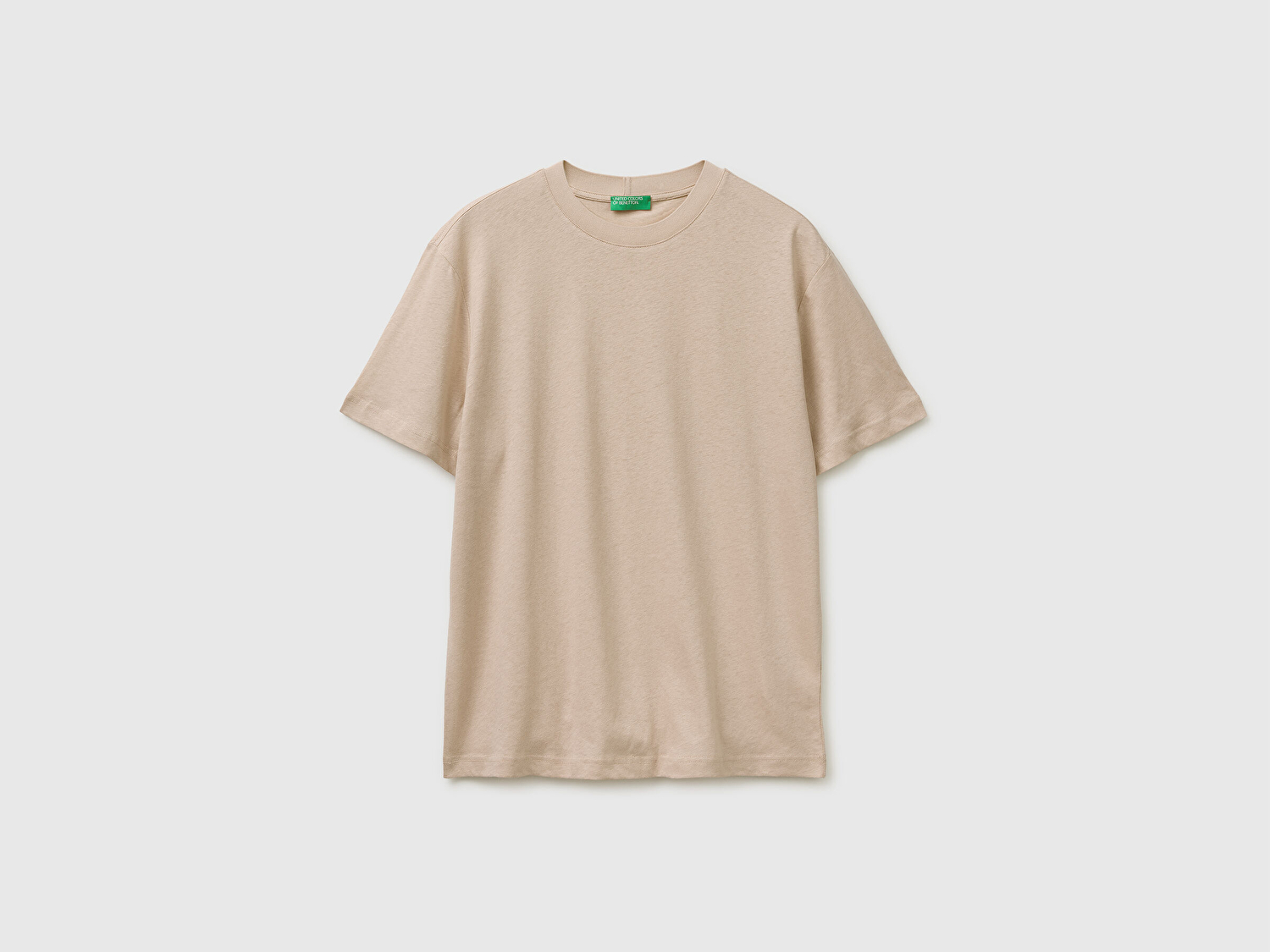 Benetton Erkek Taş  Pamuk Keten Karışımlı Regular Fit Yuvarlak Yaka T-Shirt