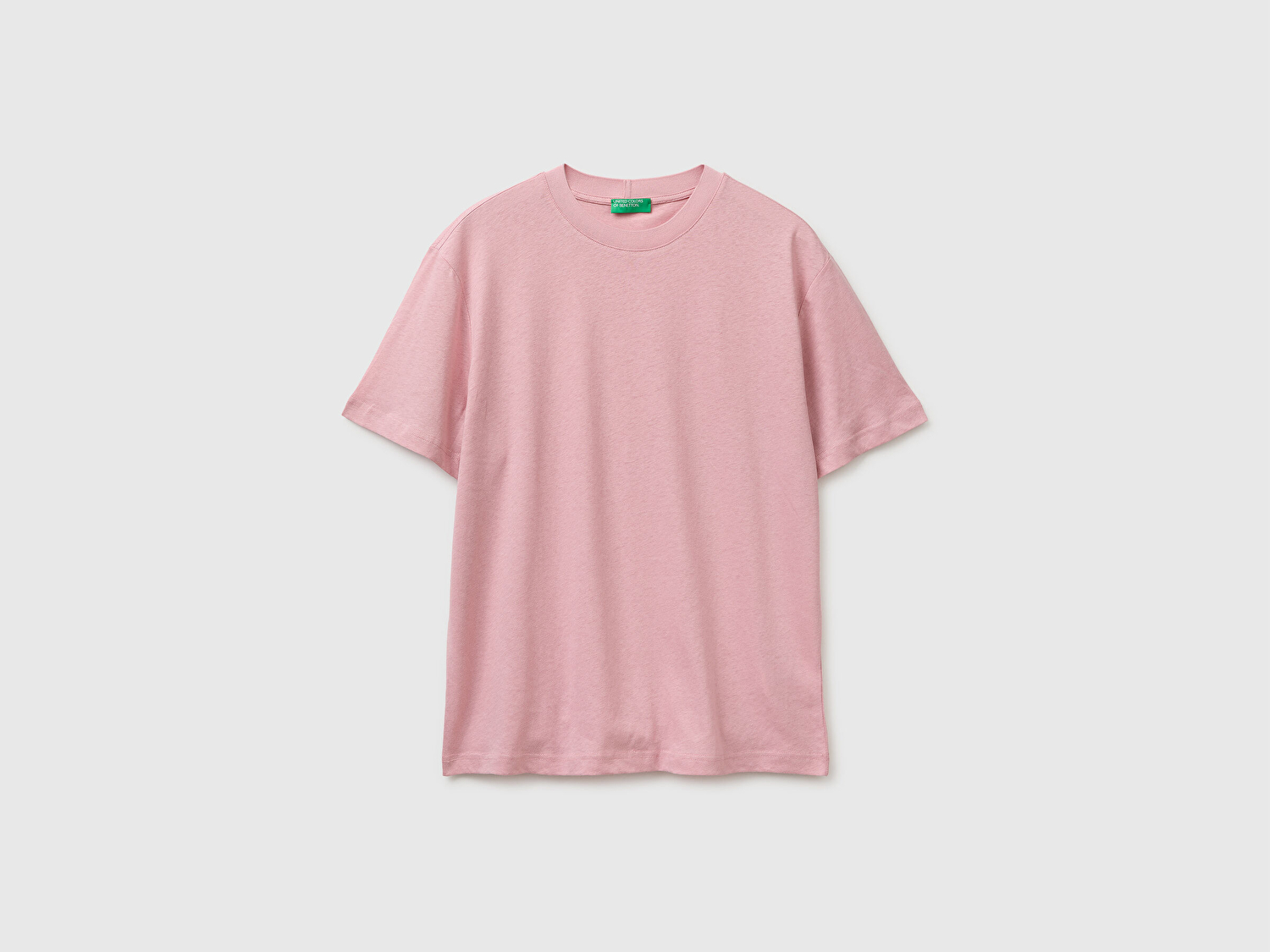 Benetton Erkek Pembe  Pamuk Keten Karışımlı Regular Fit Yuvarlak Yaka T-Shirt