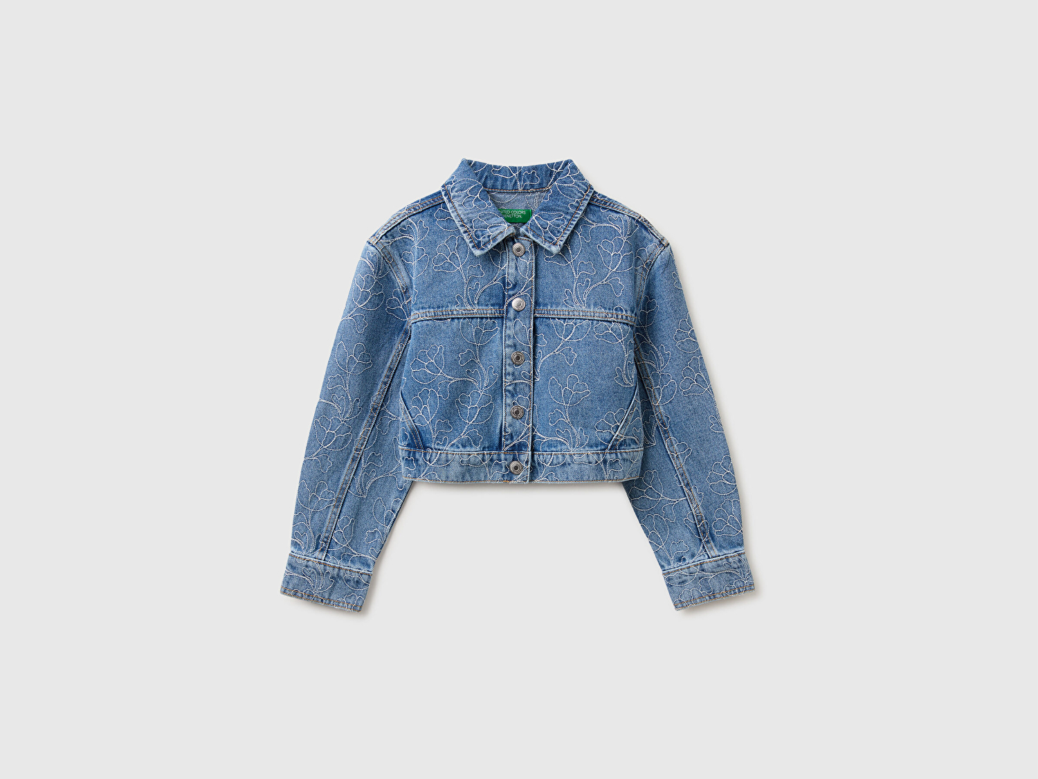 Benetton Kız Çocuk Mavi Düşük Kollu İşlemeli Kısa Denim Ceket