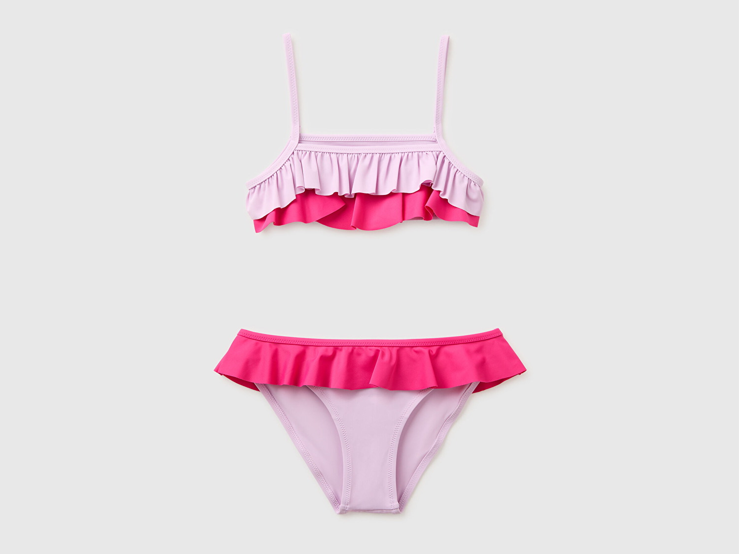 Benetton Kız Çocuk Pembe Fırfır Detaylı Renk Bloklu Bikini Takımı