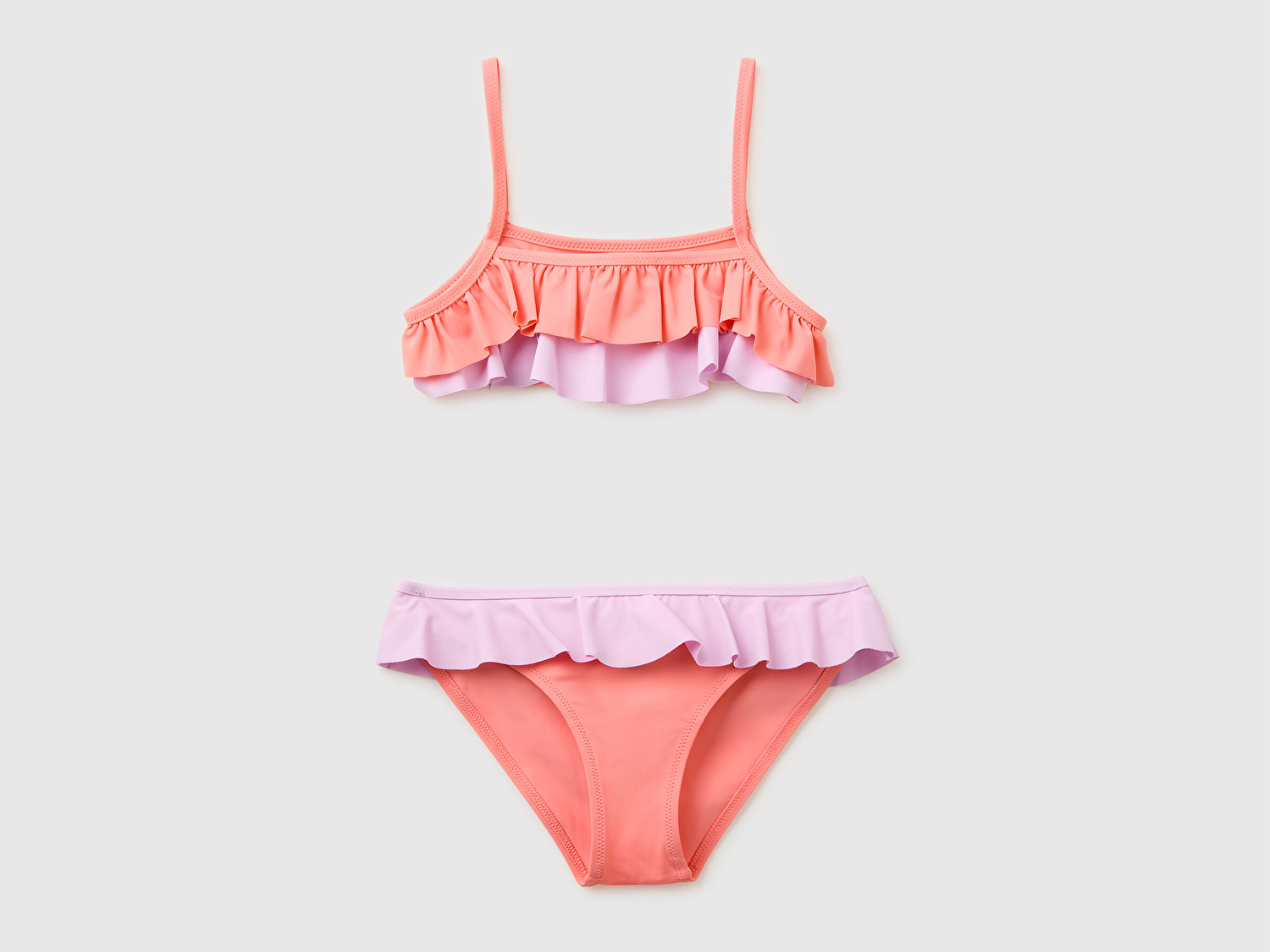 Benetton Kız Çocuk Mercan Fırfır Detaylı Renk Bloklu Bikini Takımı