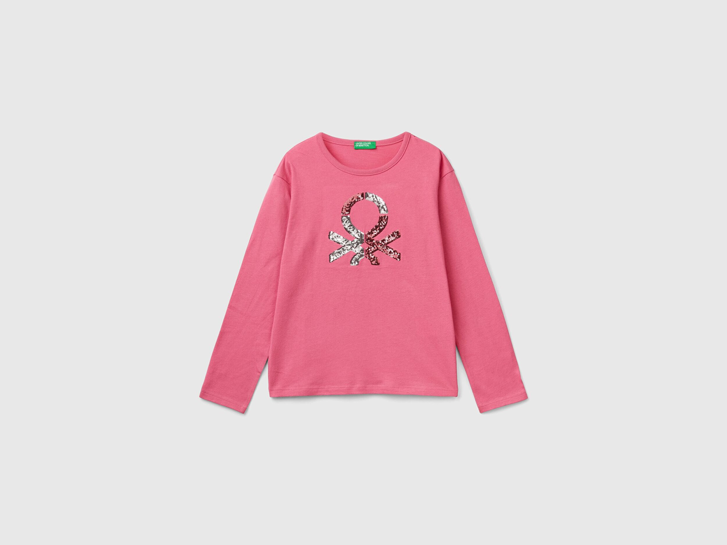 K z Cocuk Pembe Onu Pullu Logo lemeli Bisiklet Yaka Uzun Kollu T Shirt