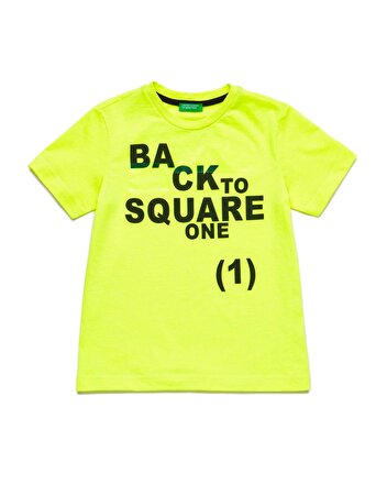 Slogan Baskili Tshirt Fosforlu Sari Benetton