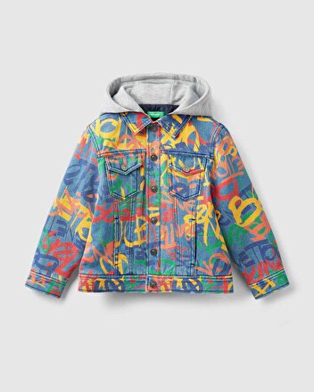 Renkli Yazili Jean Ceket Gri Mix Benetton
