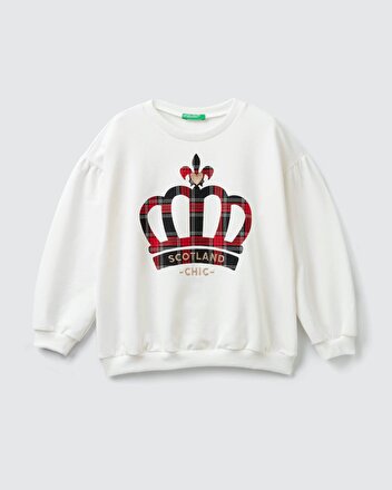 Ekose Kamuflaj Baski Sweatshirt Krem Benetton