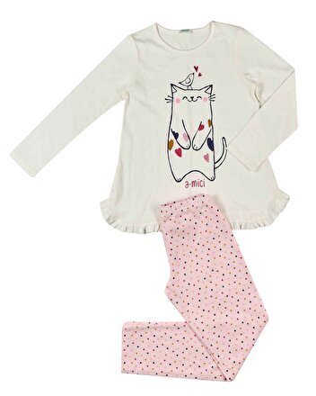 Kedi Baskili Pijama Takim Toz Pembe Benetton