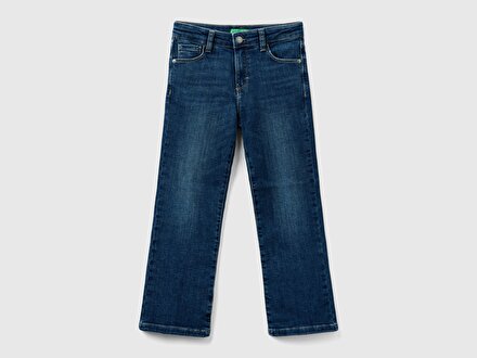 Kız Çocuk Koyu Mavi Arka Cebi Logo İşlemeli 5 Cepli Eskitilmiş Efektli Pantolon