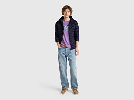 Erkek Lacivert Polyester Dolgulu Regular Fit Kapüşonlu Puffer Mont