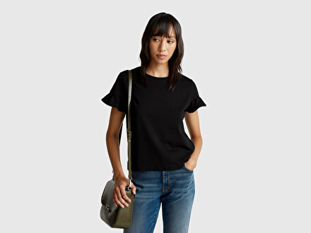 Kadın Siyah Koton Karışımlı Kolları Fırfır Detaylı T-Shirt