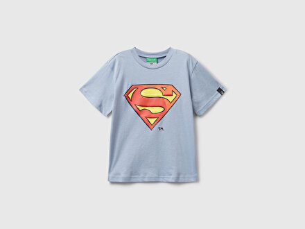 Erkek Bebek Mavi Önü ve Arkası Superman Baskılı Logo Etiketli Jarse T-shirt